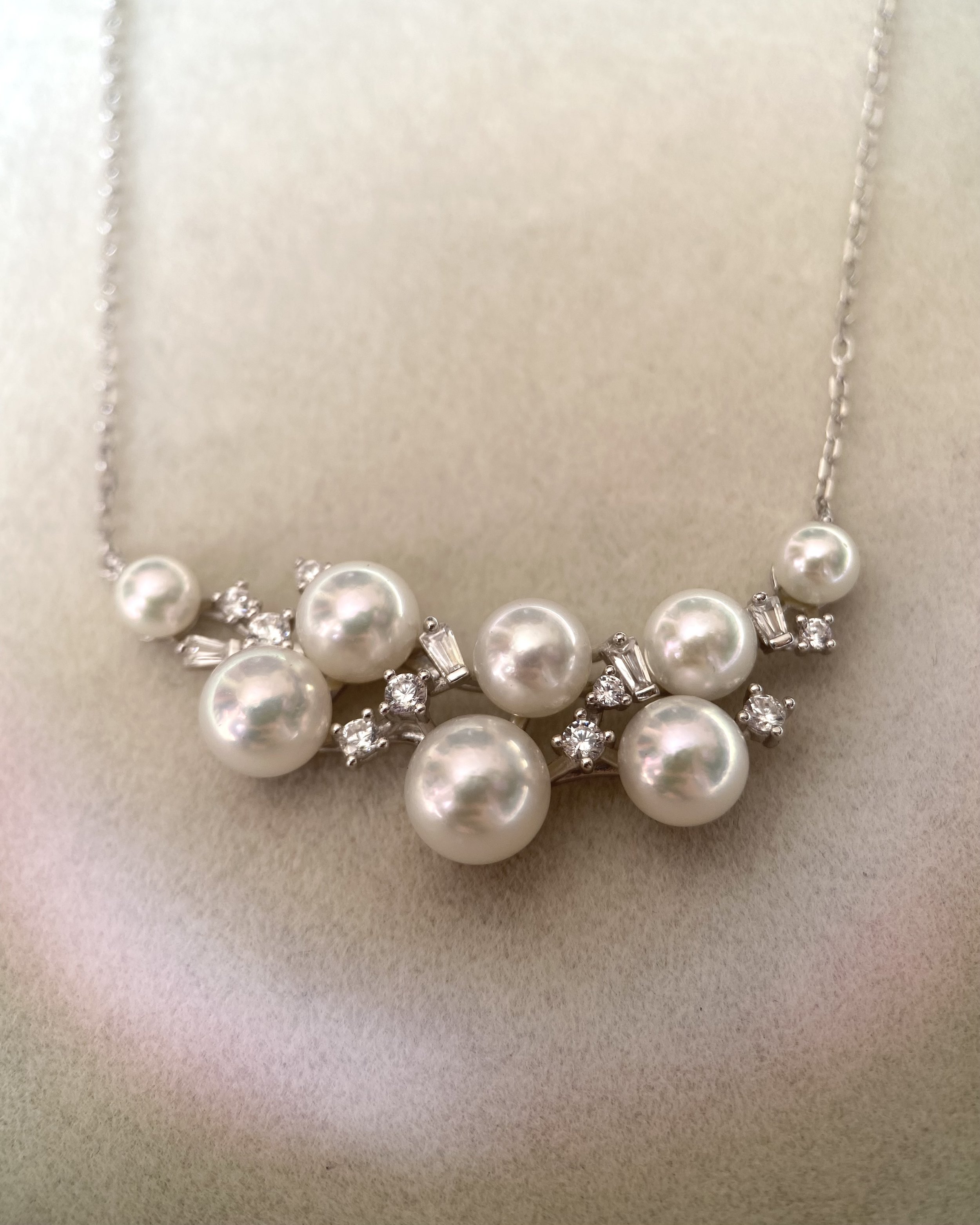 Snow White Japanese Pearl Artistic Cluster Necklace, 4–7mm Aurora Sairindama & Akoya, Sparkling S925 Silver Rolo Chain, Show Piece Starlit Pearls