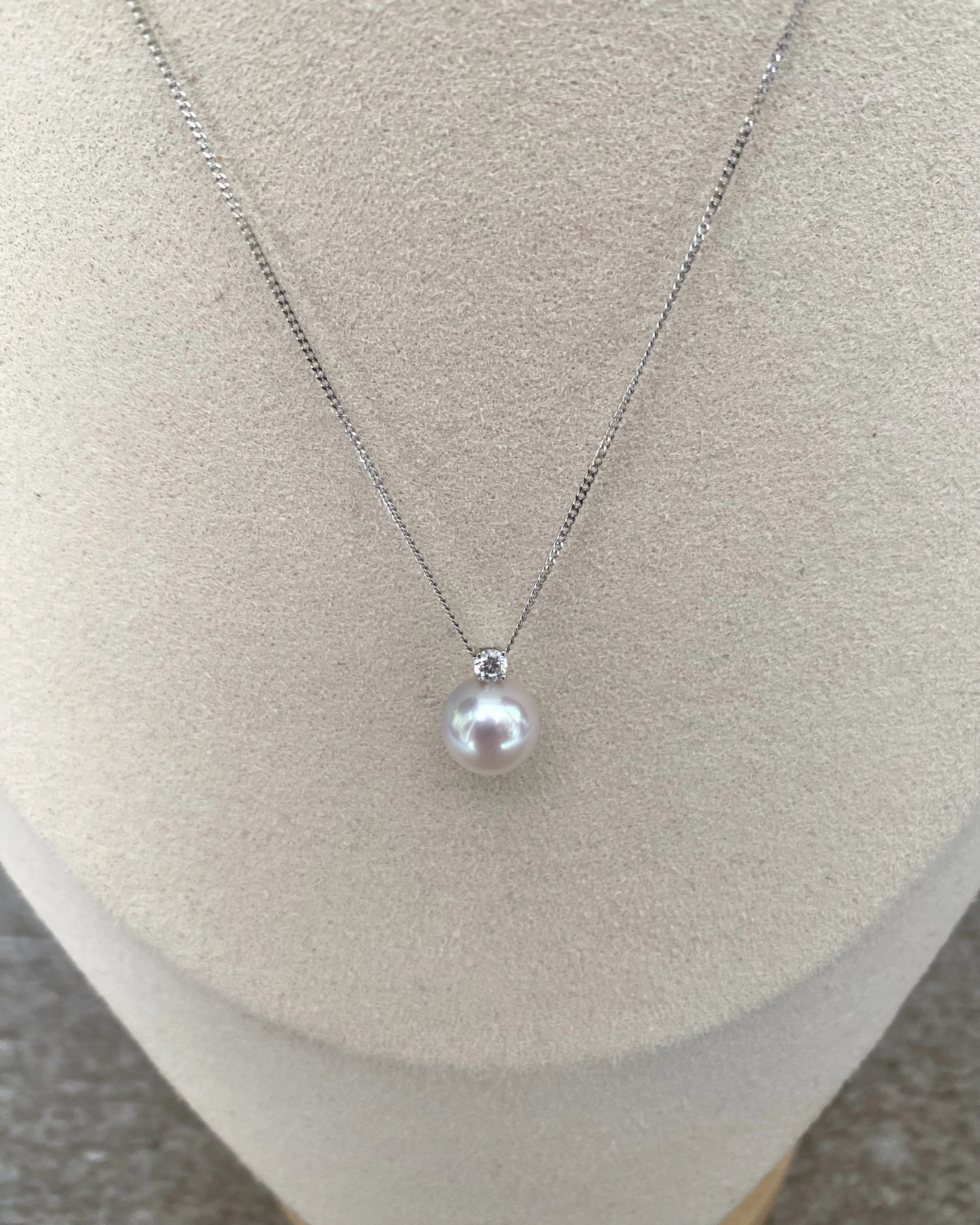 9.1mm Japanese White Koshimono Akoya Pearl Pendant Necklace, Tennyo-Quality, 18K White Gold & CZ, S925 Silver Snake Chain Starlit Pearls