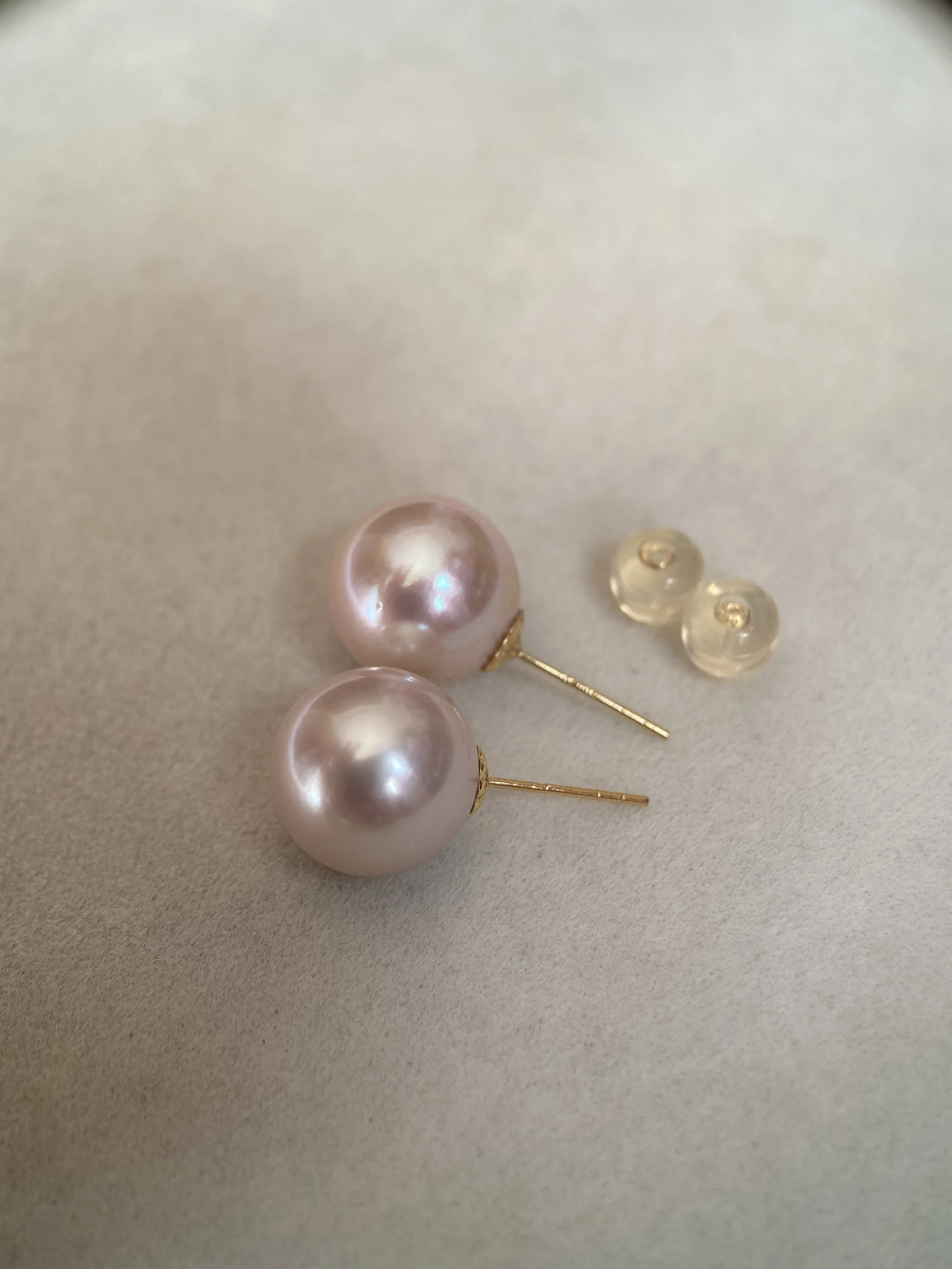 18K Gold Posts_Rare Japanese Rose Pink Freshwater Pearl Stud Earrings 11.3mm, AU750, Mirror Lustre Starlit Pearls