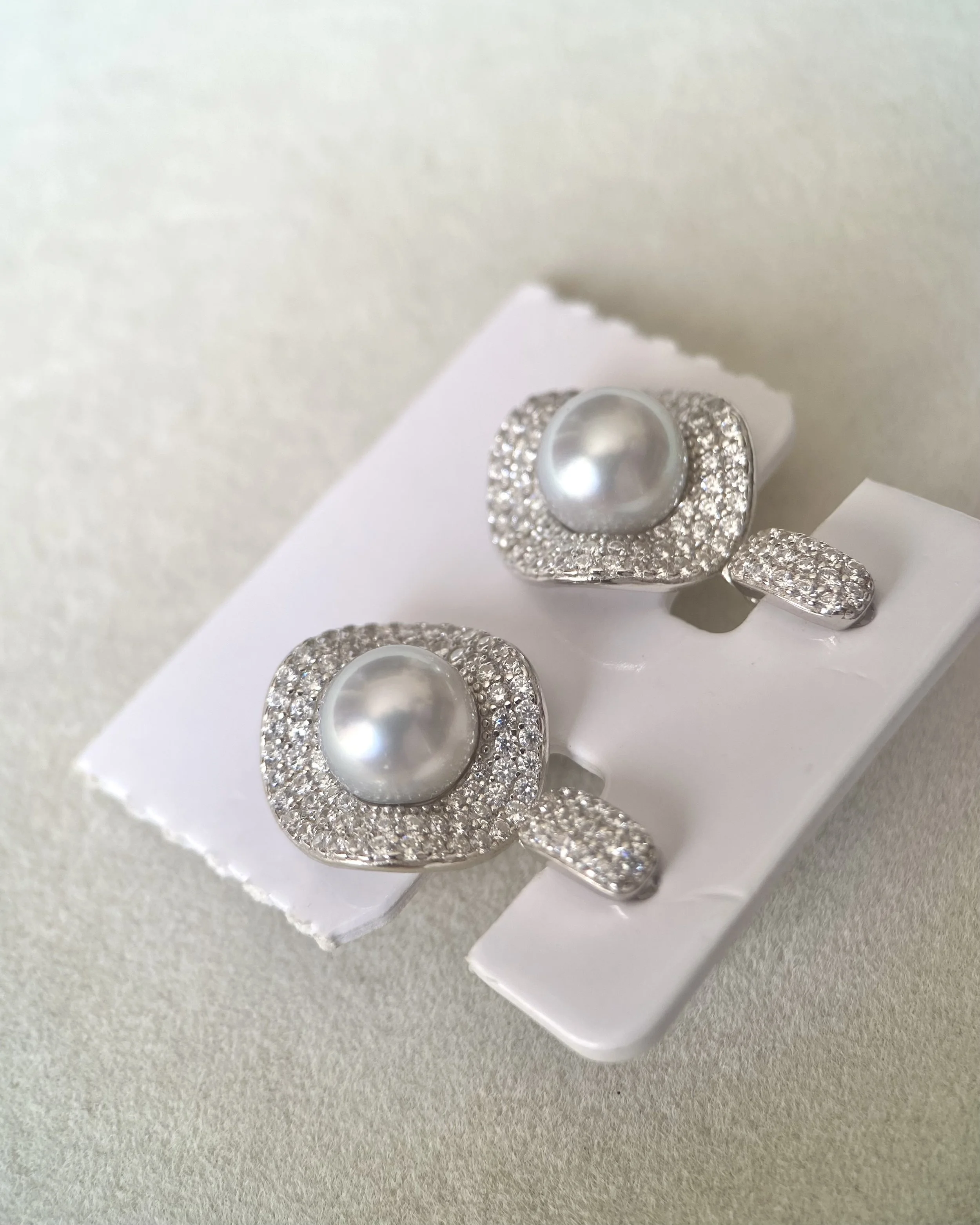 Luxury Pavé Natural Silver Grey Japanese Madama Akoya Pearl Drop Earrings 8.1mm, Japanese S925 Silver Double Halo, Exhibition Piece Starlit Pearls