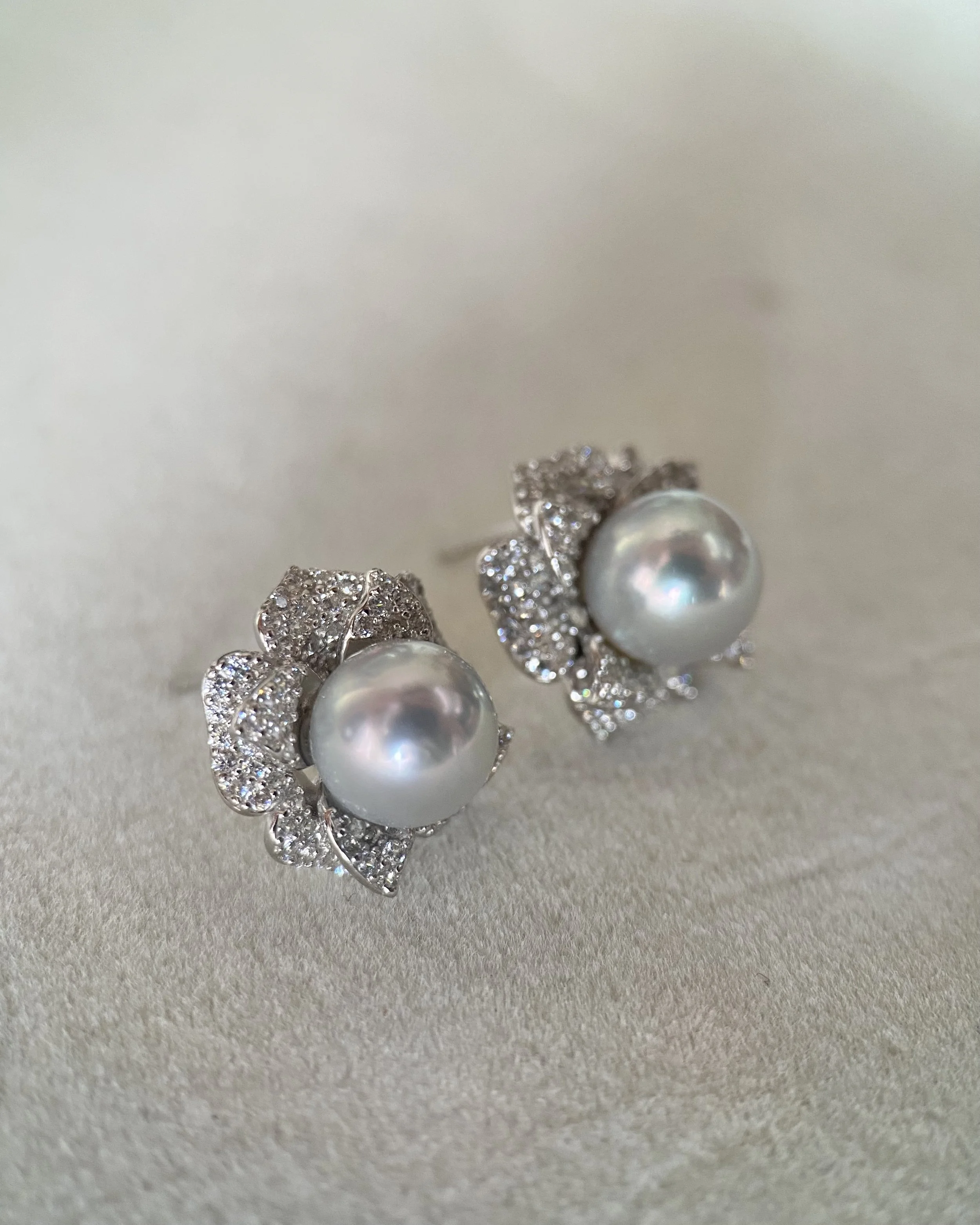 8mm Japanese Natural Silver-Grey Madama Akoya Pearl Camellia Stud Earrings, Mirror Lustre, S925 Layered Pavé CZ Petals, Show Piece