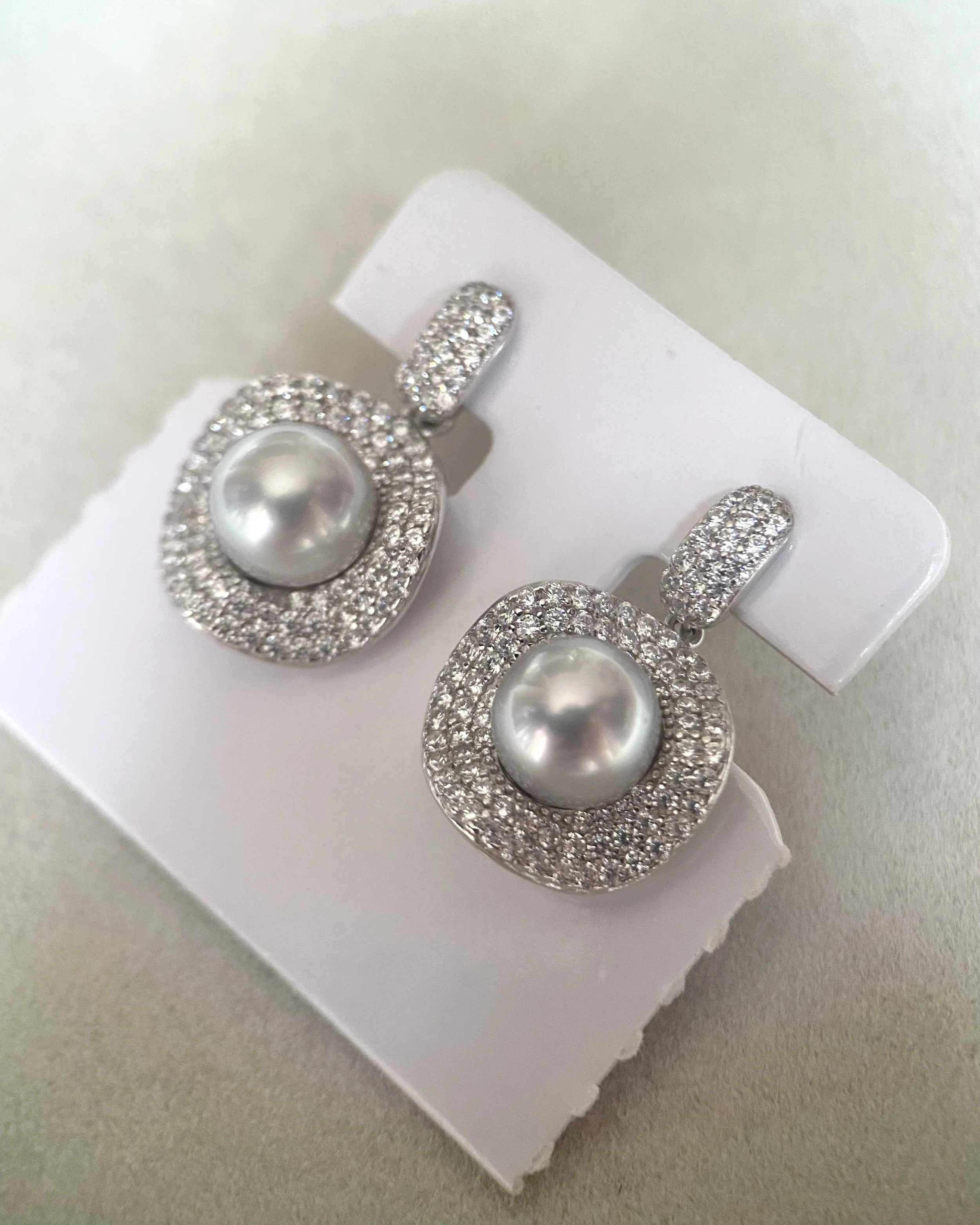 Luxury Pavé Natural Silver Grey Japanese Madama Akoya Pearl Drop Earrings 8.1mm, Japanese S925 Silver Double Halo, Exhibition Piece Starlit Pearls