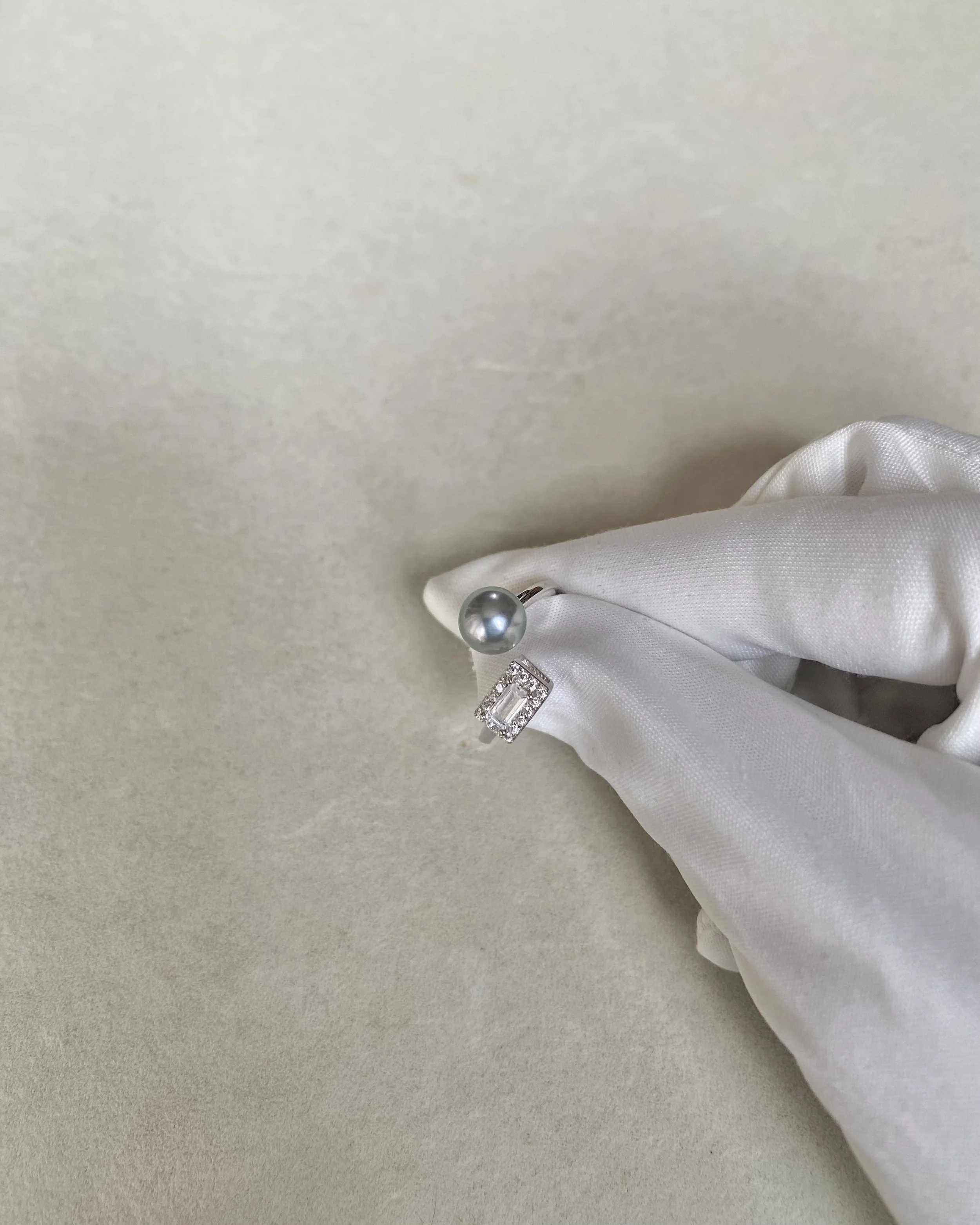 Japanese Natural Silver-Grey Madama Akoya Pearl Ring 7mm, Mirror Lustre, Minimalist Contemporary Open Design, S925 Silver_Baguette CZ Starlit Pearls