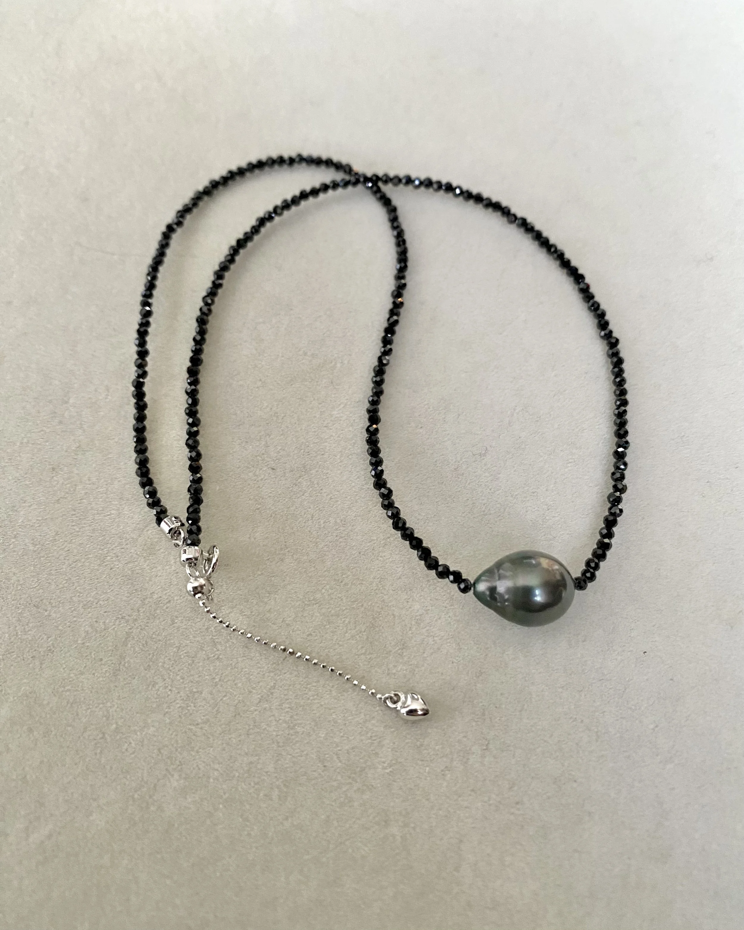 14mm Tahitian South Sea Baroque Pearl Necklace, Iridescent Peacock-Green Pearl on Micro-Faceted Black Spinel Strand, S925 Silver Clasp Starlit Pearls