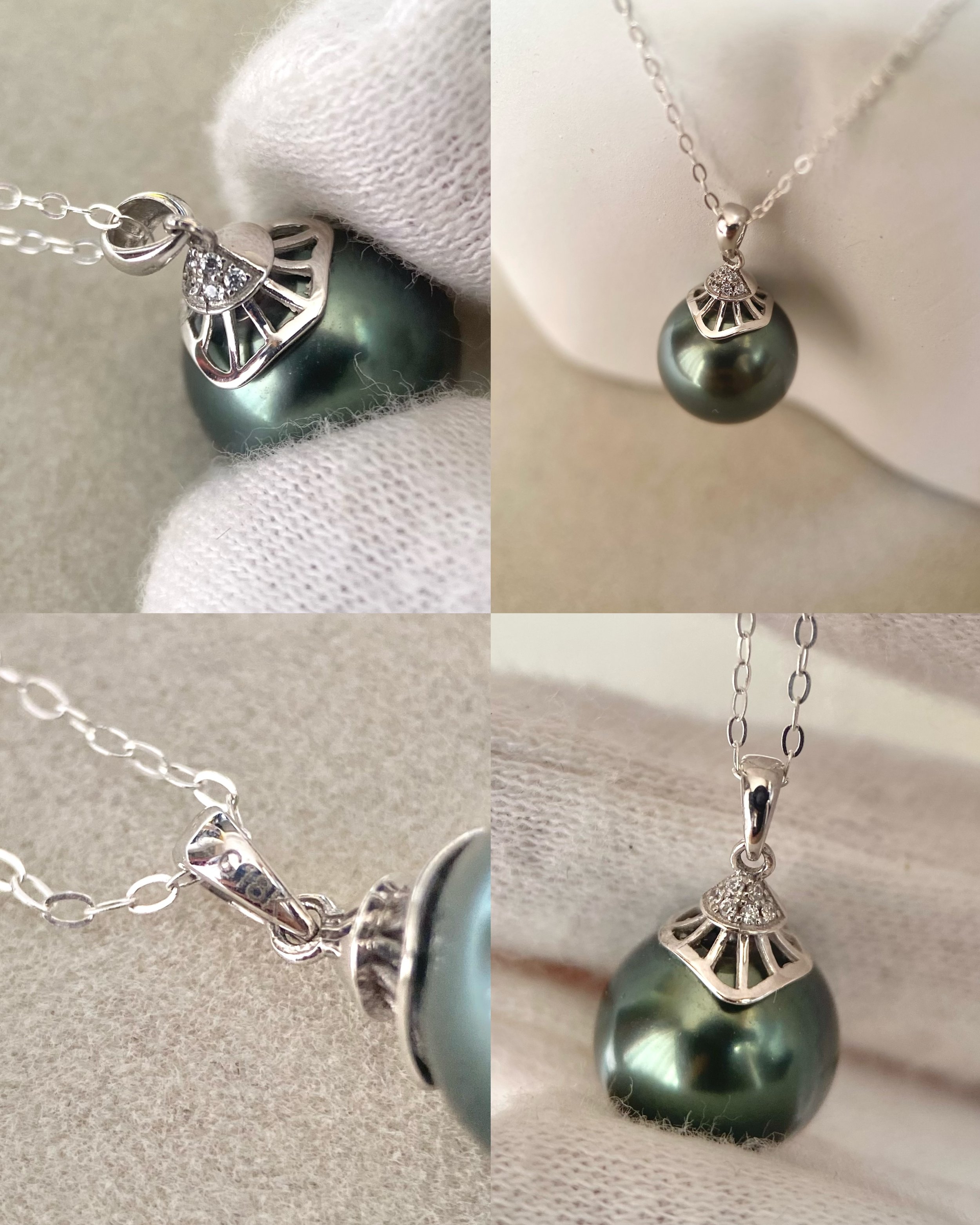 Solid 18K White Gold_Top Gr Peacock Green-Blue Tahitian South Sea Pearl Pendant 11mm, Architectural Fan Design, Deep Oily Lustre Starlit Pearls