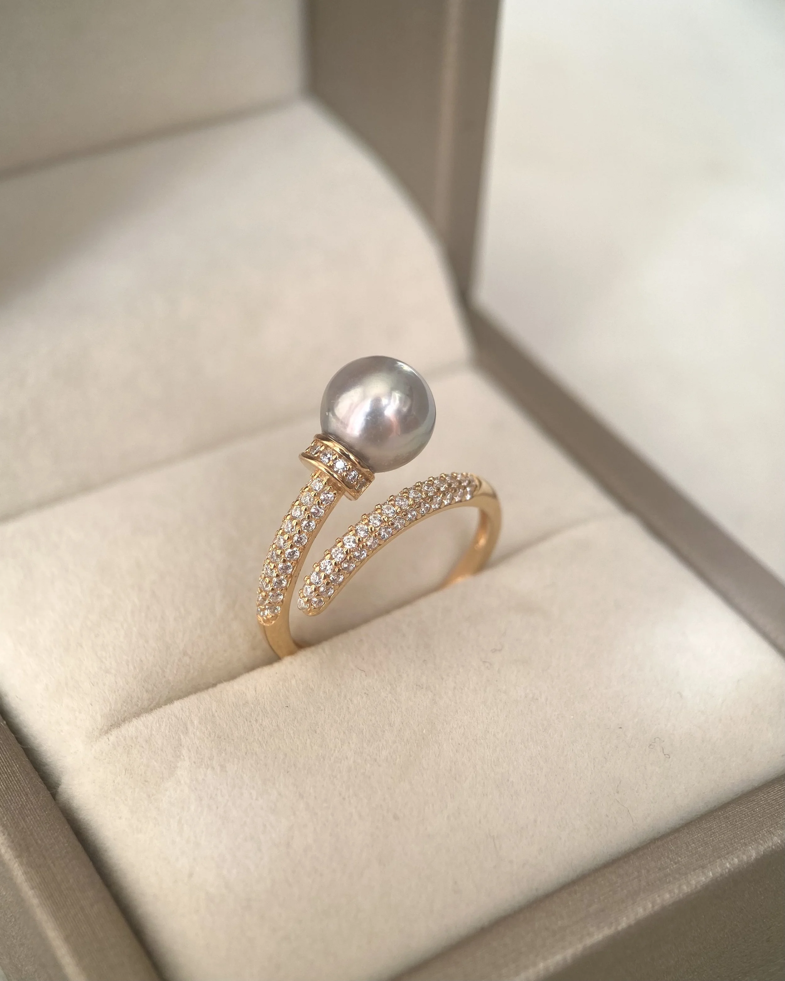 Premium 8.3mm Natural Silver-Grey Blue Japanese Madama Akoya Pearl Nail Ring, Mirror Lustre, S925 & Pavé CZ, Adjustable, Show Piece Starlit Pearls