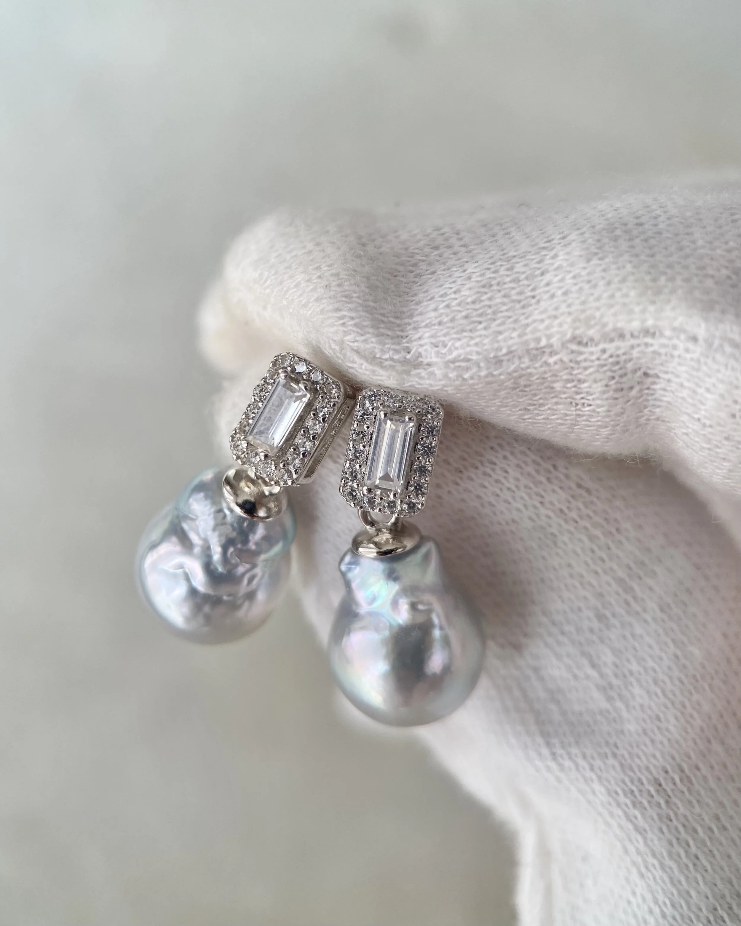 Rare Silver Australian South Sea Baroque Pearl Drop Earrings 11mm, Cool Icy Silver Lustre, S925 Silver Baguette CZ Design, Show Piece Starlit Pearls