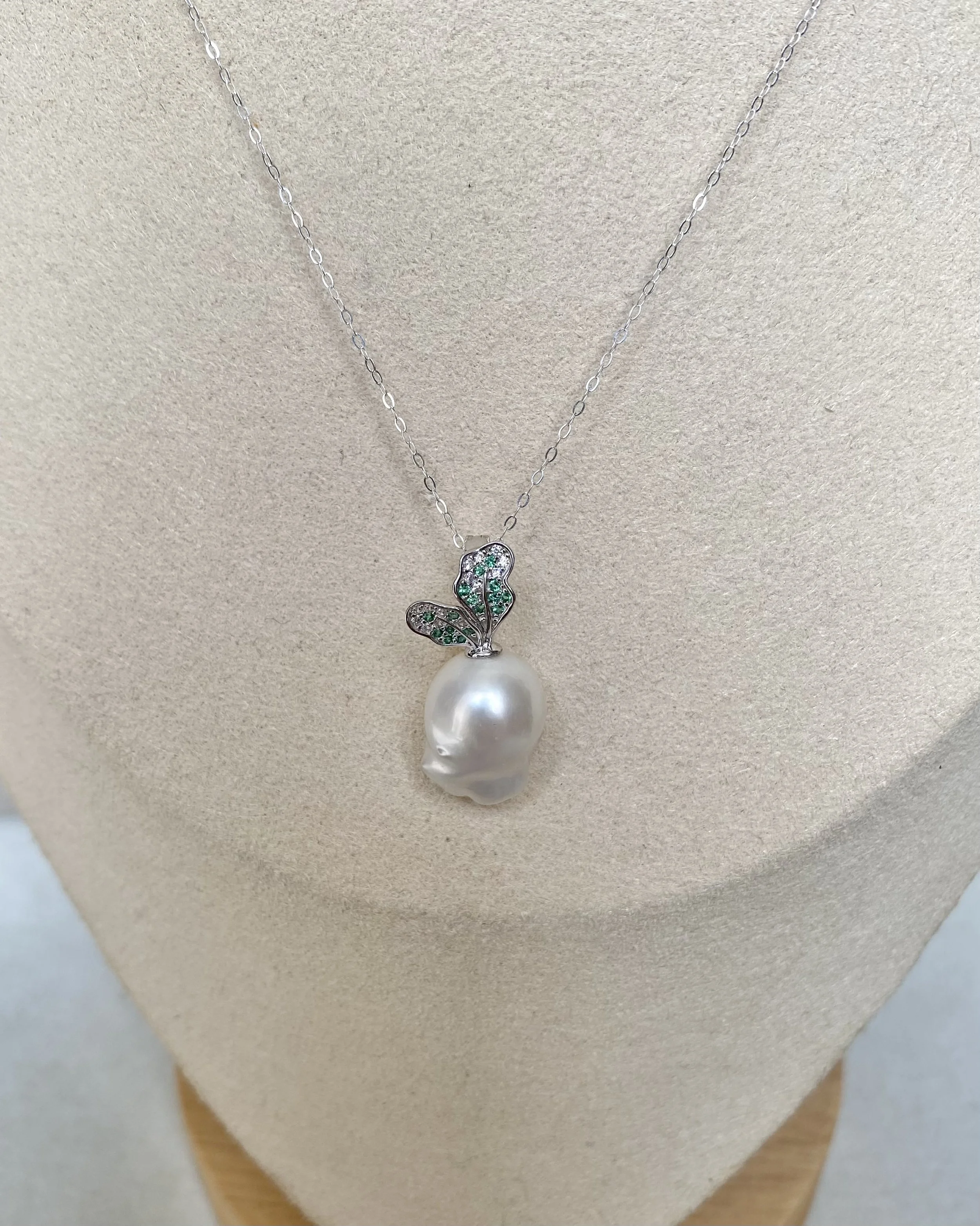 Rare 16mm Australian White South Sea Baroque Pearl Radish Pendant, Sculptural Botanical Design, Japanese S925 Silver CZ Hinged Bail Starlit Pearls