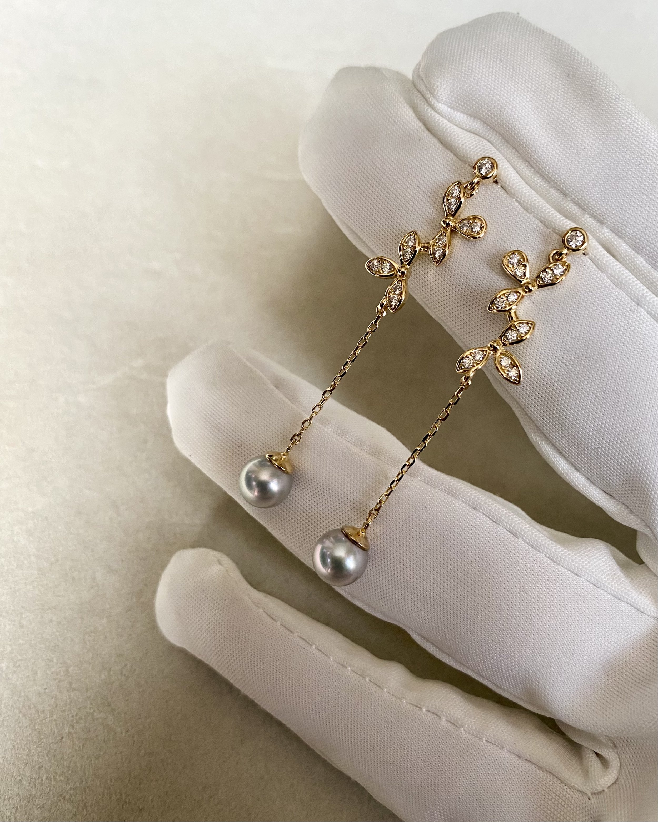 Perfect Quality 6.5mm Japanese Silver Grey Madama Akoya Pearl Drop Earrings, Cool Aurora Lustre, Original Japanese S925 Silver Leafy Design Starlit Pearls
