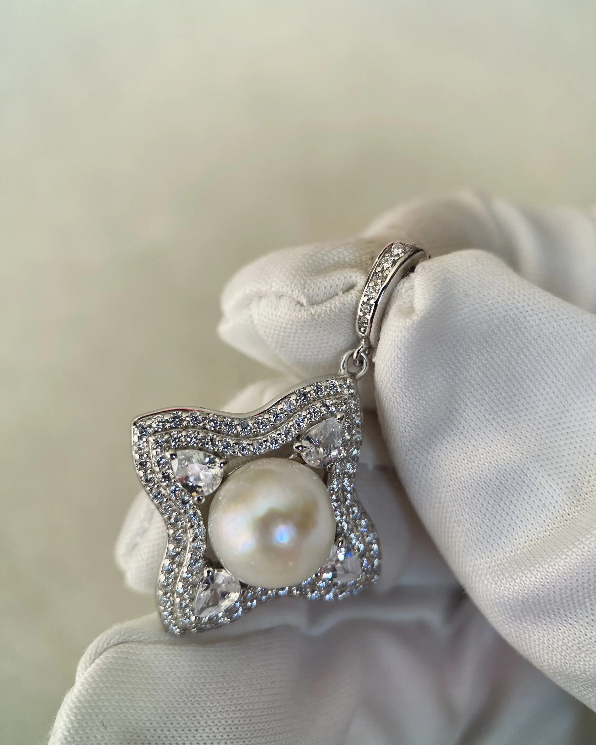 9.1mm Giant Japanese White Akoya Pearl Pendant, Silky Radiant Lustre, Sparkling Four-Point Star CZ Design, S925 Silver Clip-On Bail Starlit Pearls