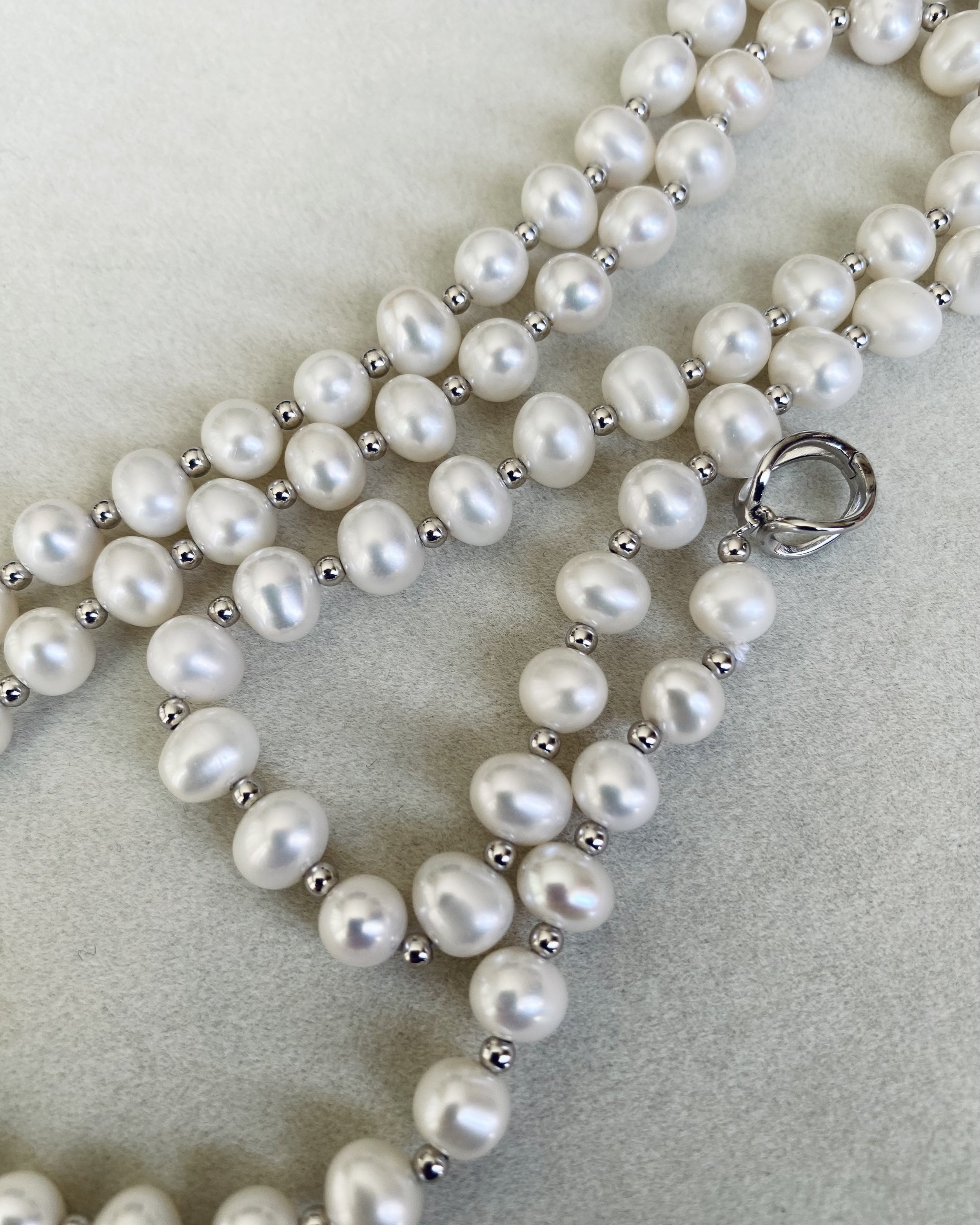 29" Long Classic White Nucleus-Free Freshwater Keshi Pearl Necklace 8mm, S925 Silver Spacers & Double-Opening Clasp, 4 Ways to Wear Starlit Pearls