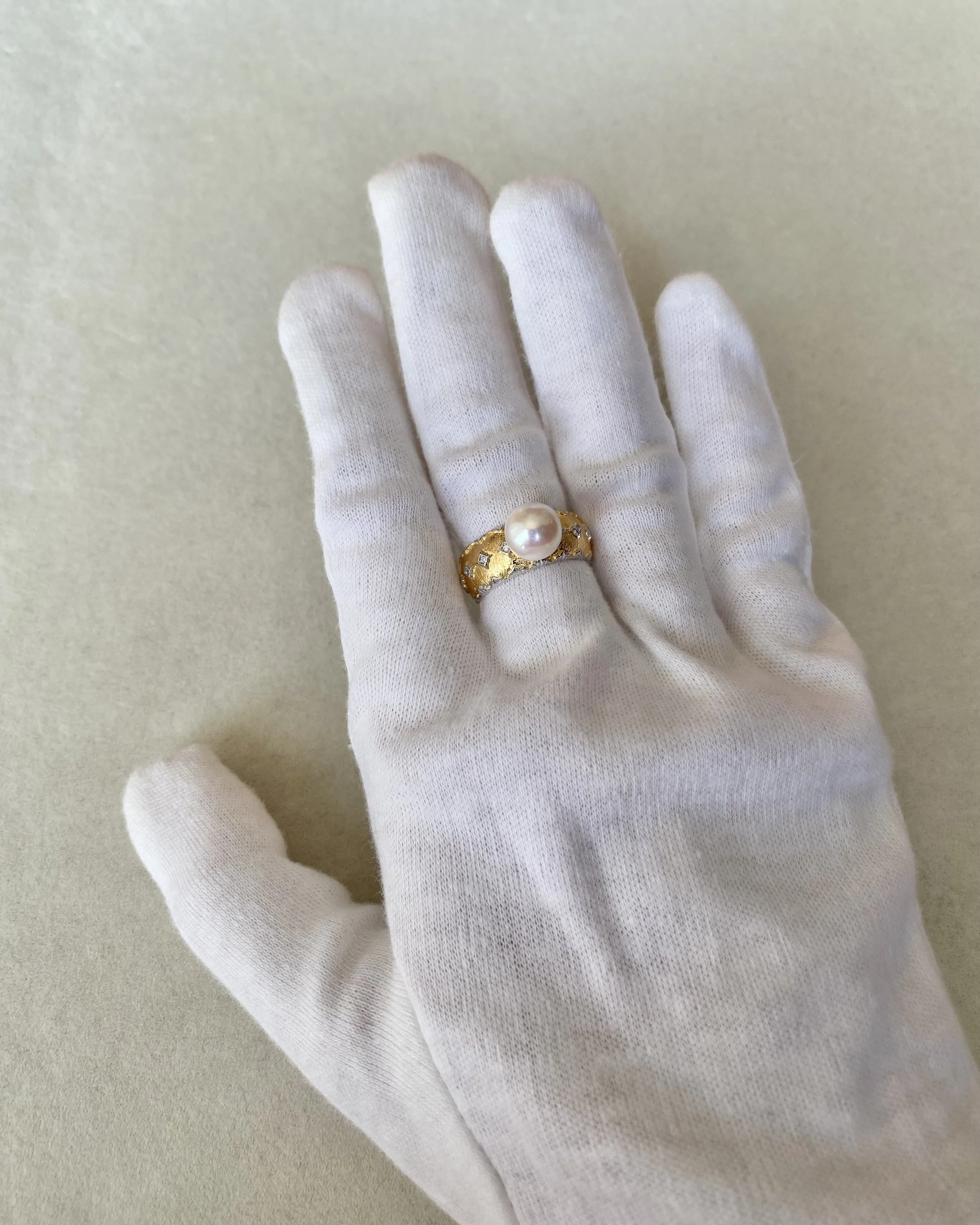 Rare Japanese White-Clear Akoya Pearl Ring 8.5mm, Soft Pink Overtone, Elegant Two-Tone Engraved S925 Silver Adjustable Wide Band Starlit Pearls