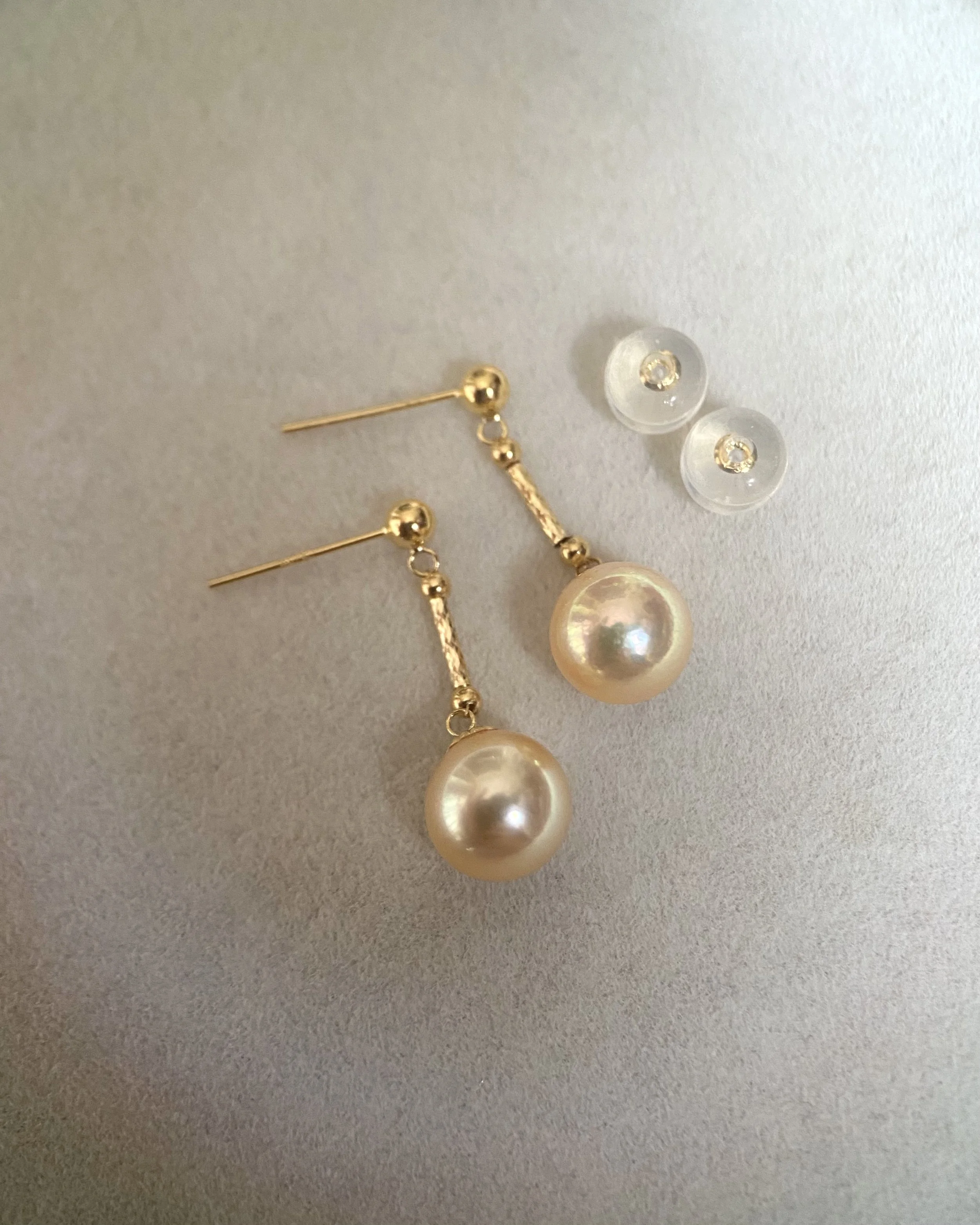 Japanese Amami Oshima Golden Pearl Drop Earrings in Solid 18K Gold 7.6mm, Iridescent Overtones, Graceful Movement Starlit Pearls