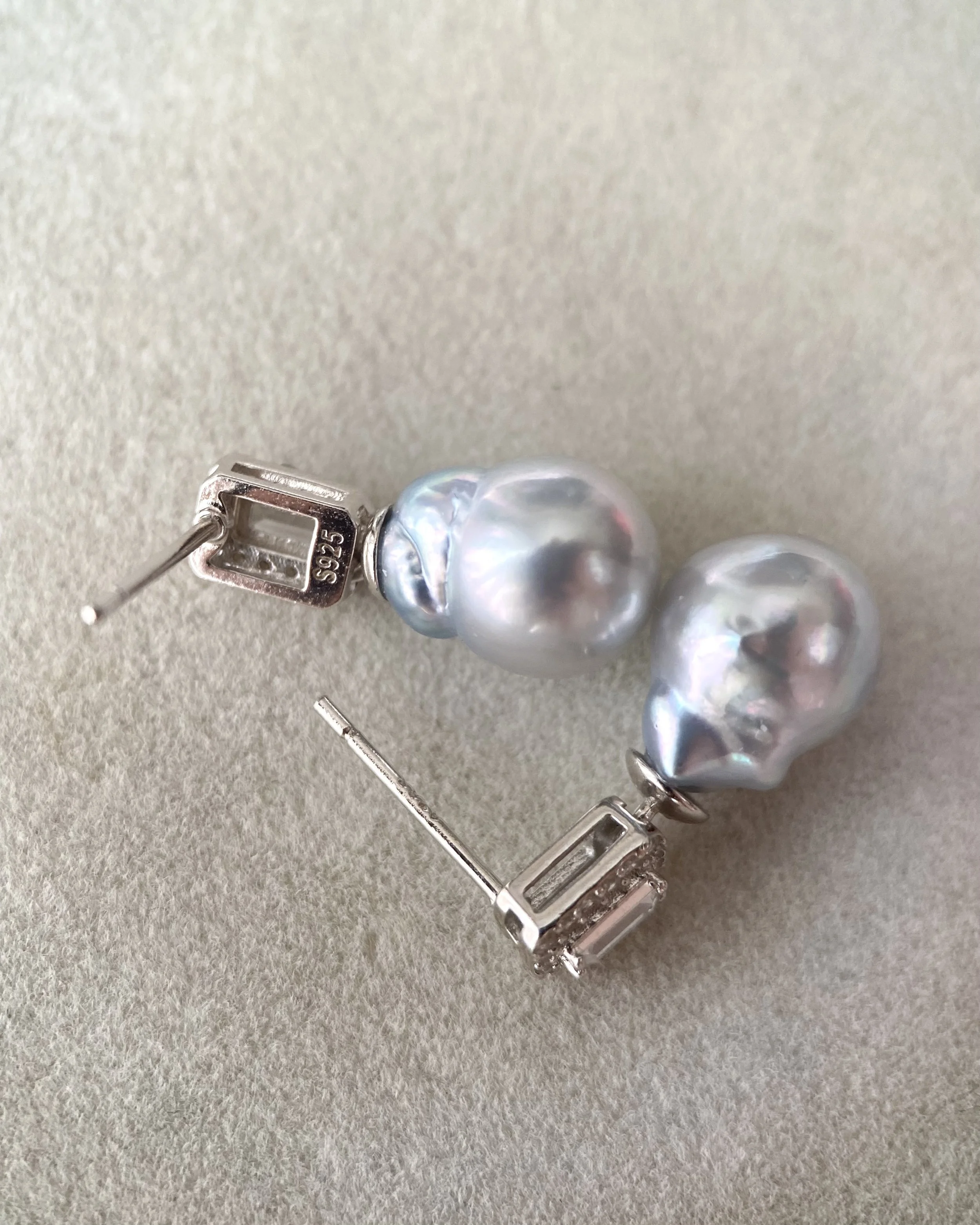 Rare Silver Australian South Sea Baroque Pearl Drop Earrings 11mm, Cool Icy Silver Lustre, S925 Silver Baguette CZ Design, Show Piece Starlit Pearls