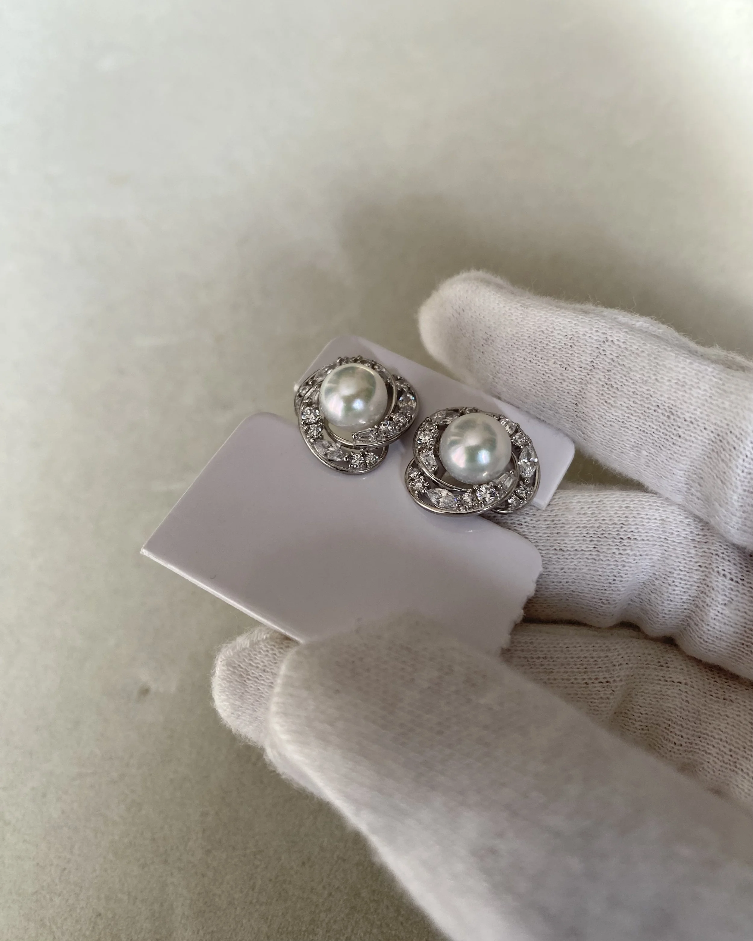 Japanese Crystal White Akoya Pearl Stud Earrings 7.5-8mm, Cool Toned Mirror-Like Lustre, S925 Silver Double Halo Design Starlit Pearls