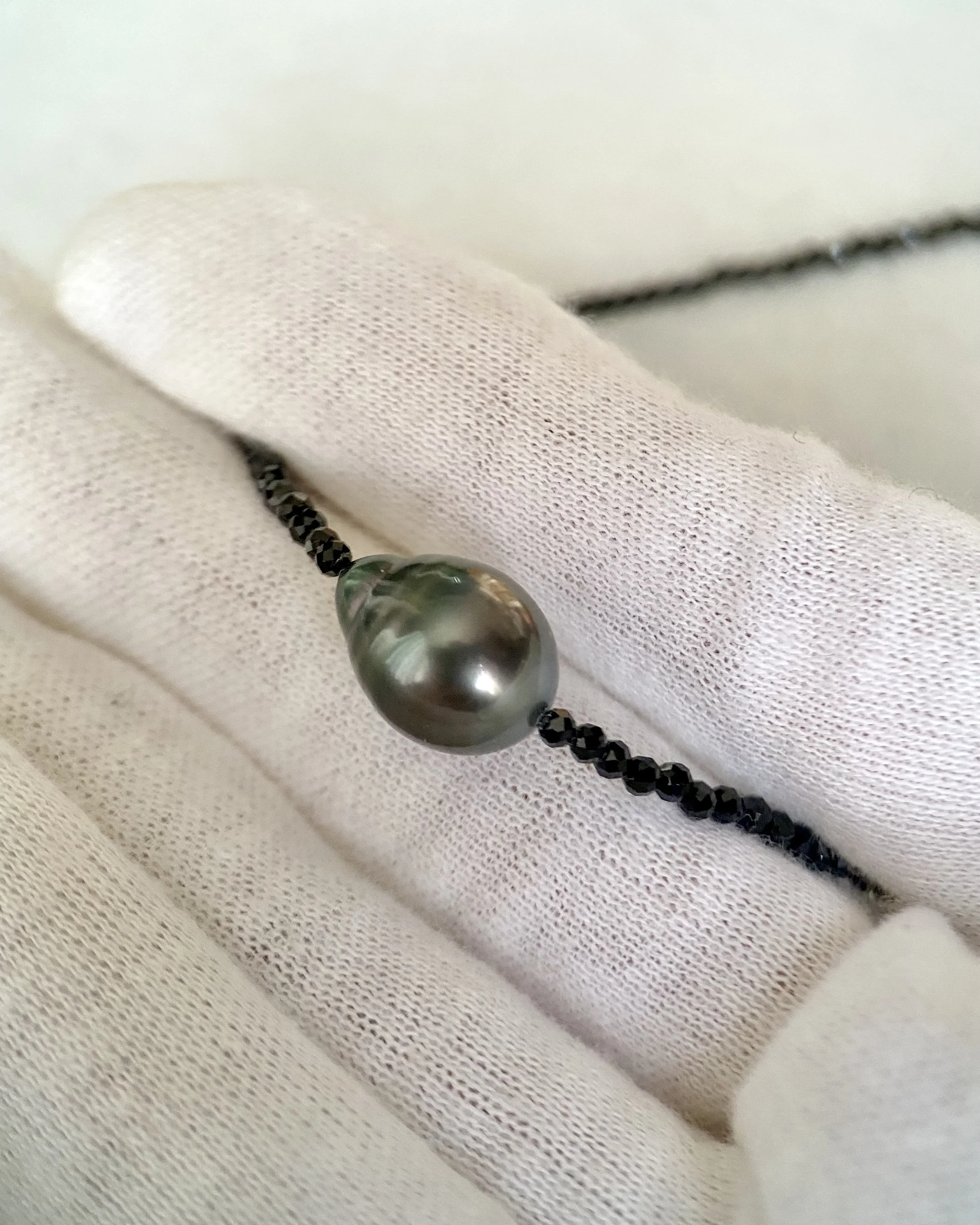 14mm Tahitian South Sea Baroque Pearl Necklace, Iridescent Peacock-Green Pearl on Micro-Faceted Black Spinel Strand, S925 Silver Clasp Starlit Pearls