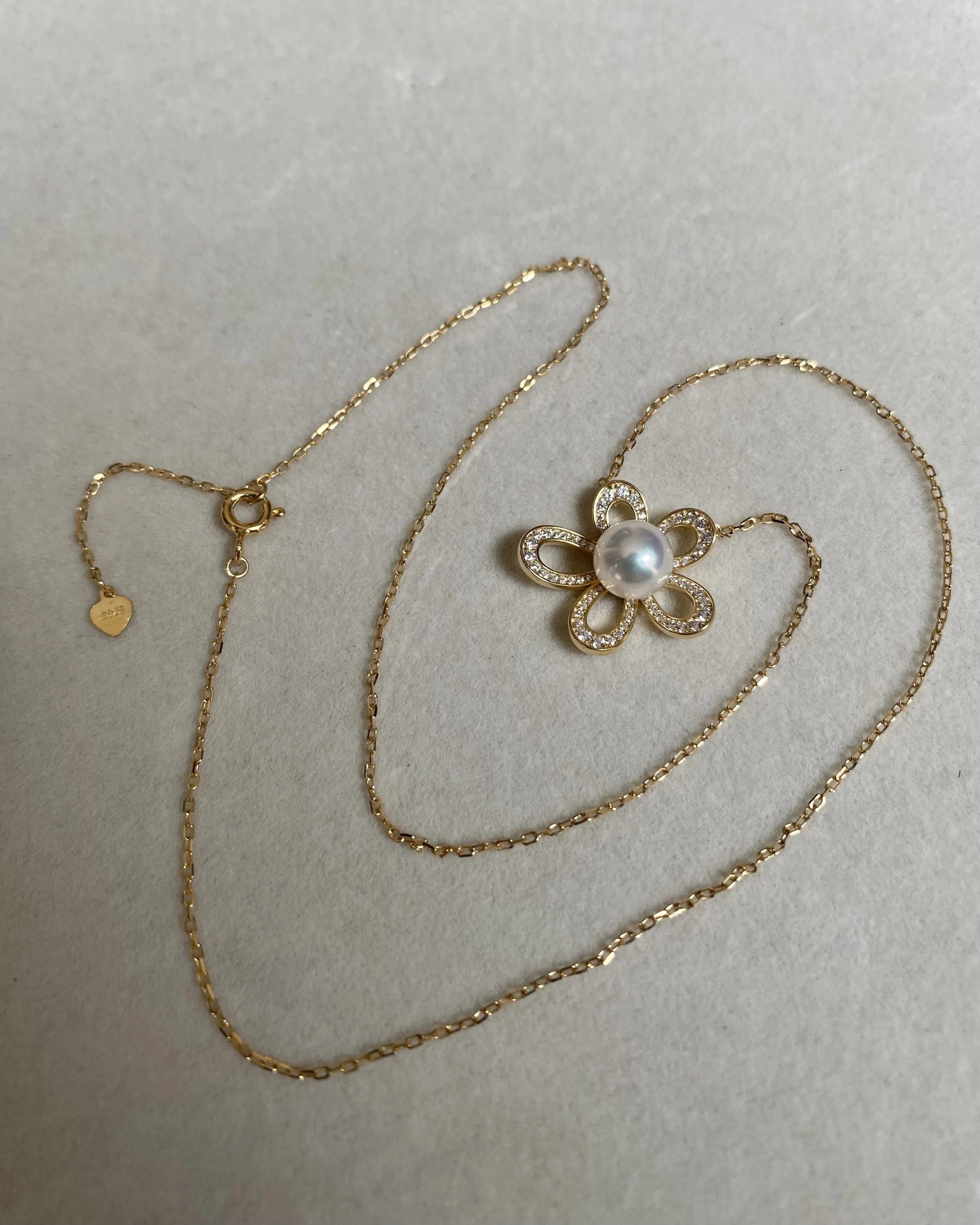 Japanese Akoya Pearl Flower Necklace 7.5mm, Flawless 6A White-Pink Pearl, S925 Silver Flowing Floral Design with CZ, Exhibition Piece Starlit Pearls