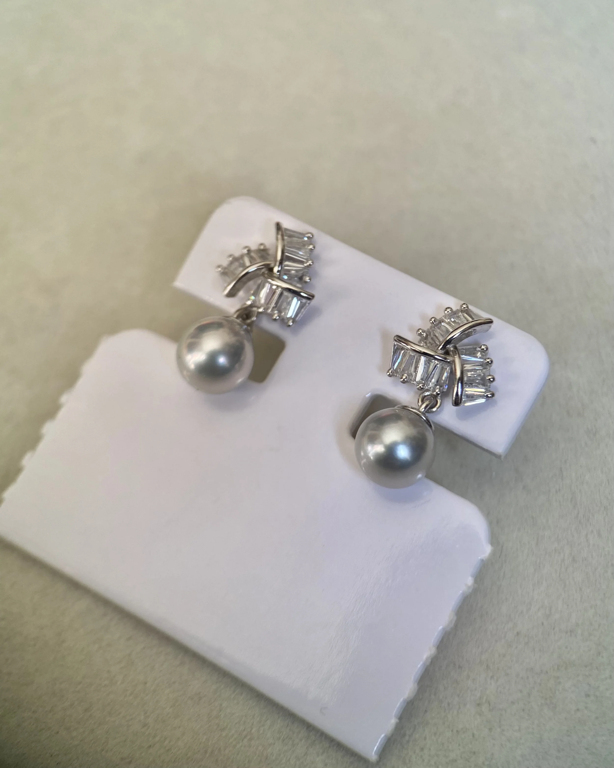 Japanese Madama Akoya Pearl Earrings 6.7mm, Cool-Toned Silver-Grey, Flawless, S925 Silver Ribbon Fan_Baguette CZ, Exhibition Piece