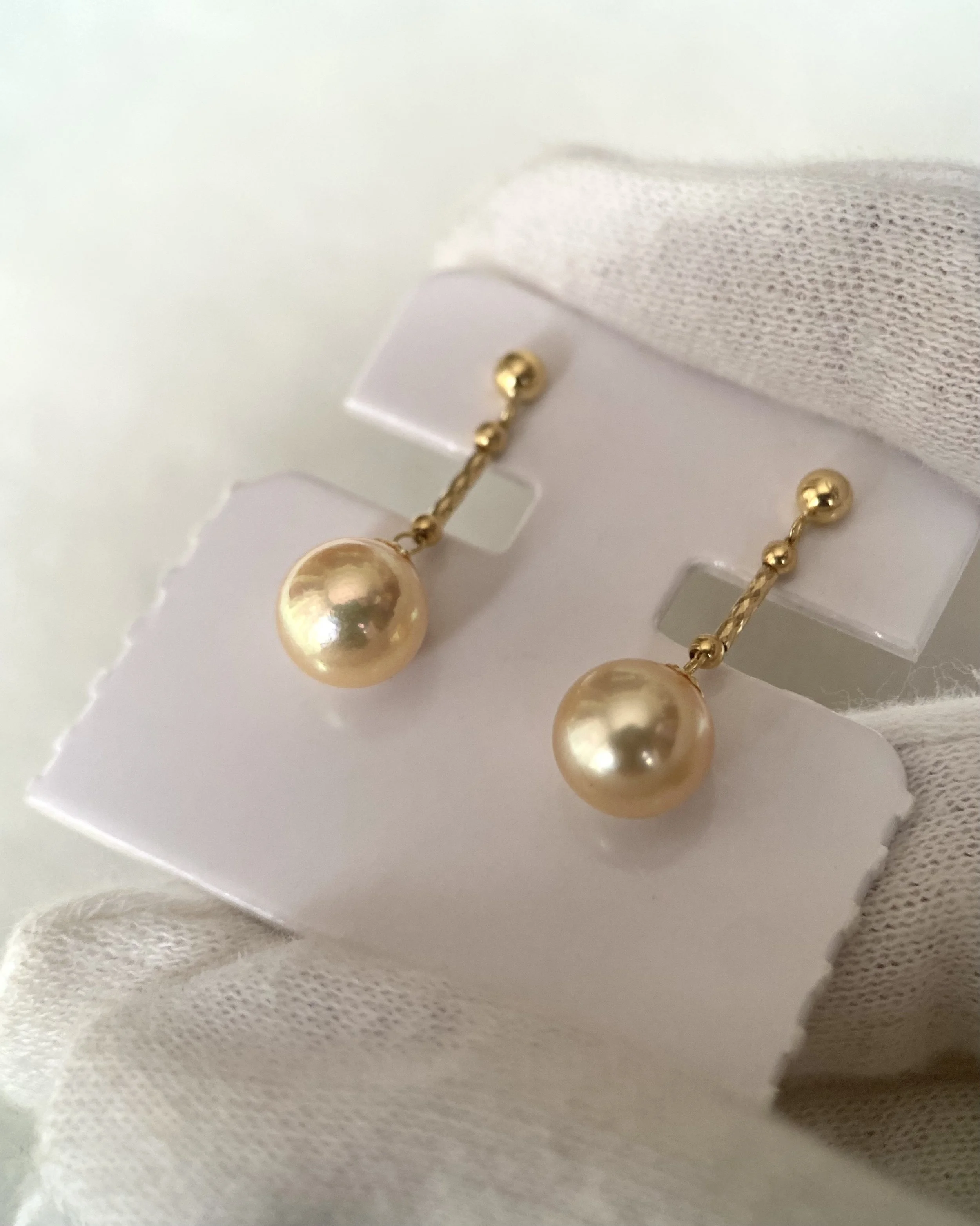 Japanese Amami Oshima Golden Pearl Drop Earrings in Solid 18K Gold 7.6mm, Iridescent Overtones, Graceful Movement Starlit Pearls