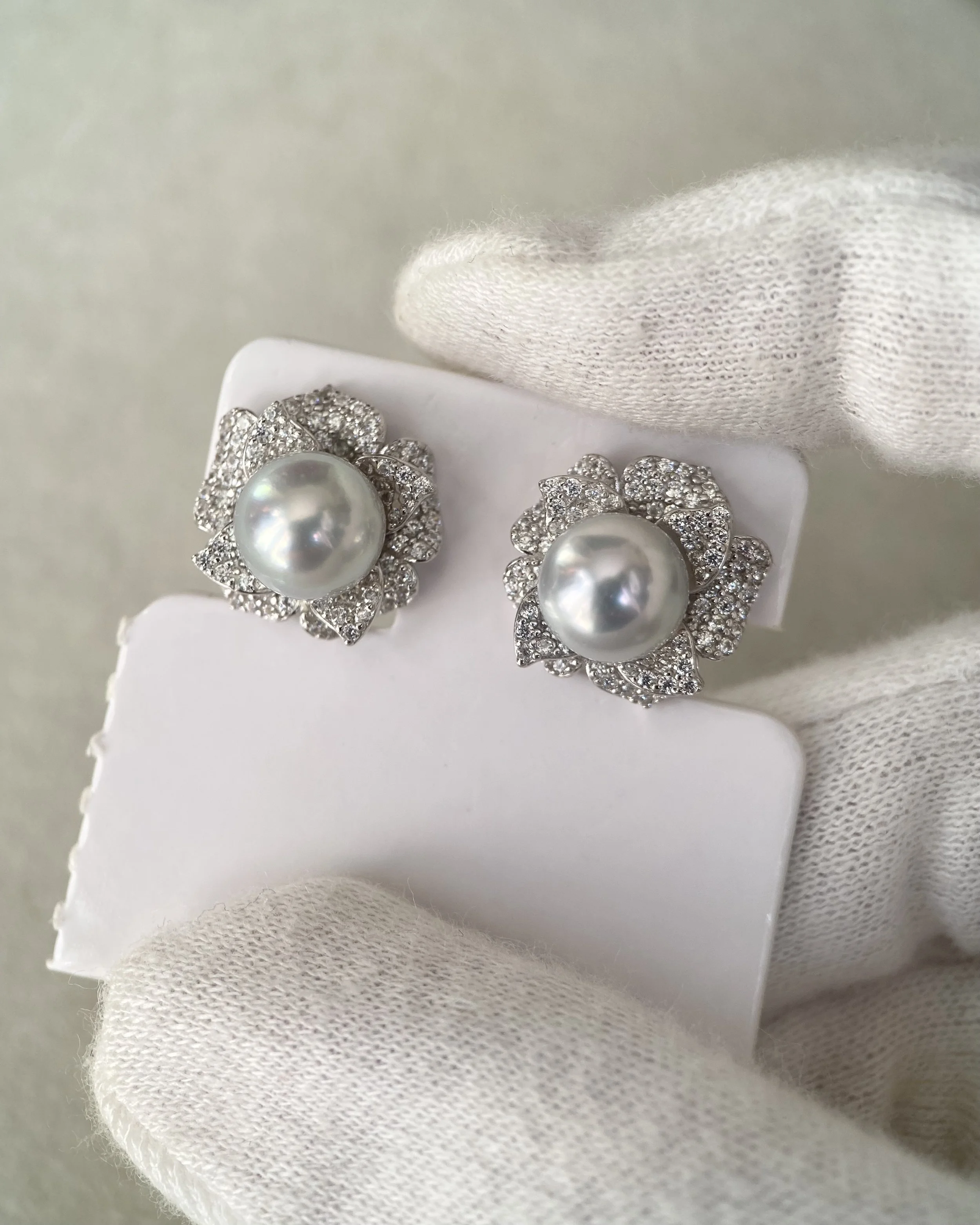 8mm Japanese Natural Silver-Grey Madama Akoya Pearl Camellia Stud Earrings, Mirror Lustre, S925 Layered Pavé CZ Petals, Show Piece
