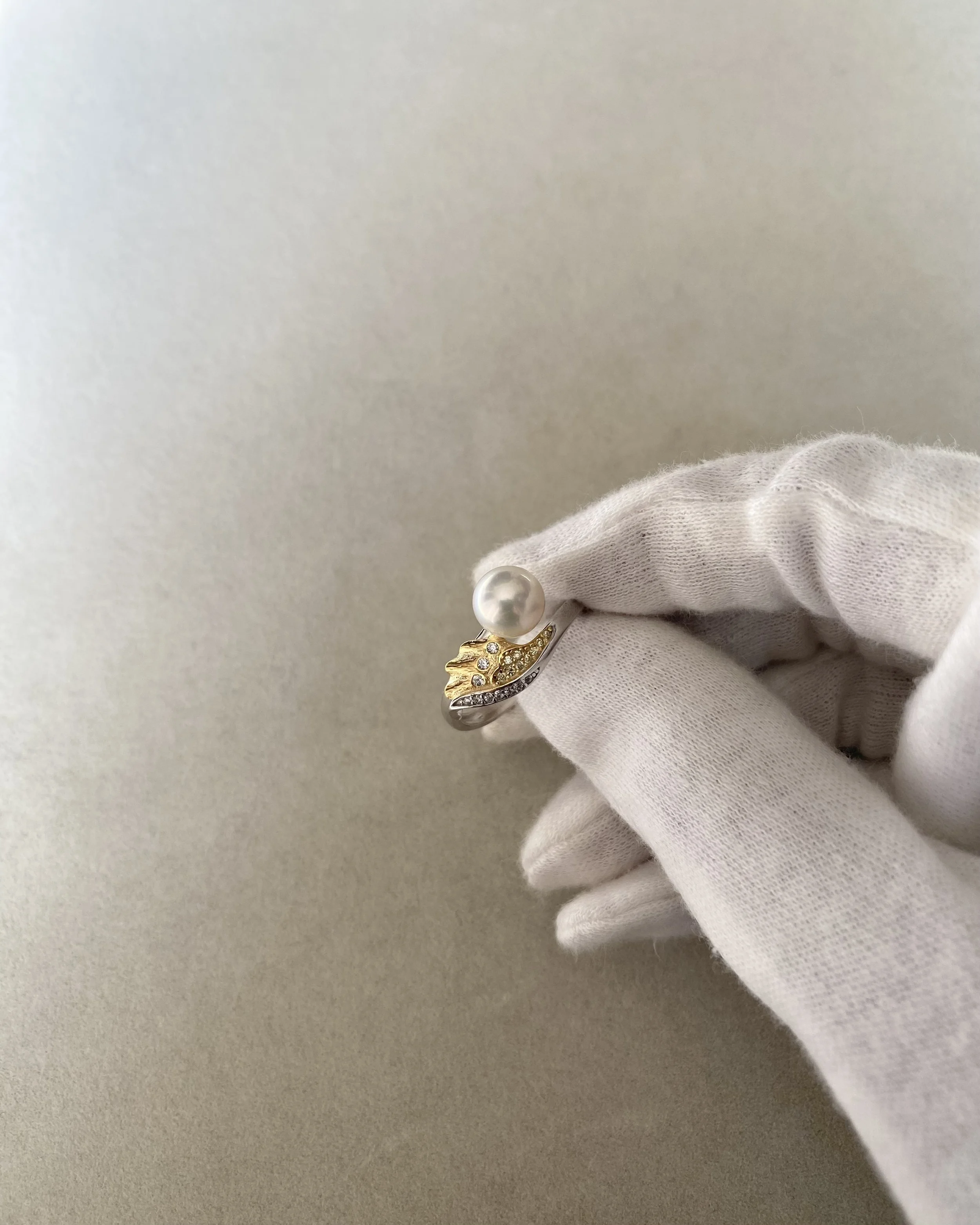 6A Japanese Classic White Akoya Pearl Ring 7.8mm, Textured Sculptural Gold Leaf Design, Adjustable S925 Silver, Jewellery Exhibition Piece Starlit Pearls