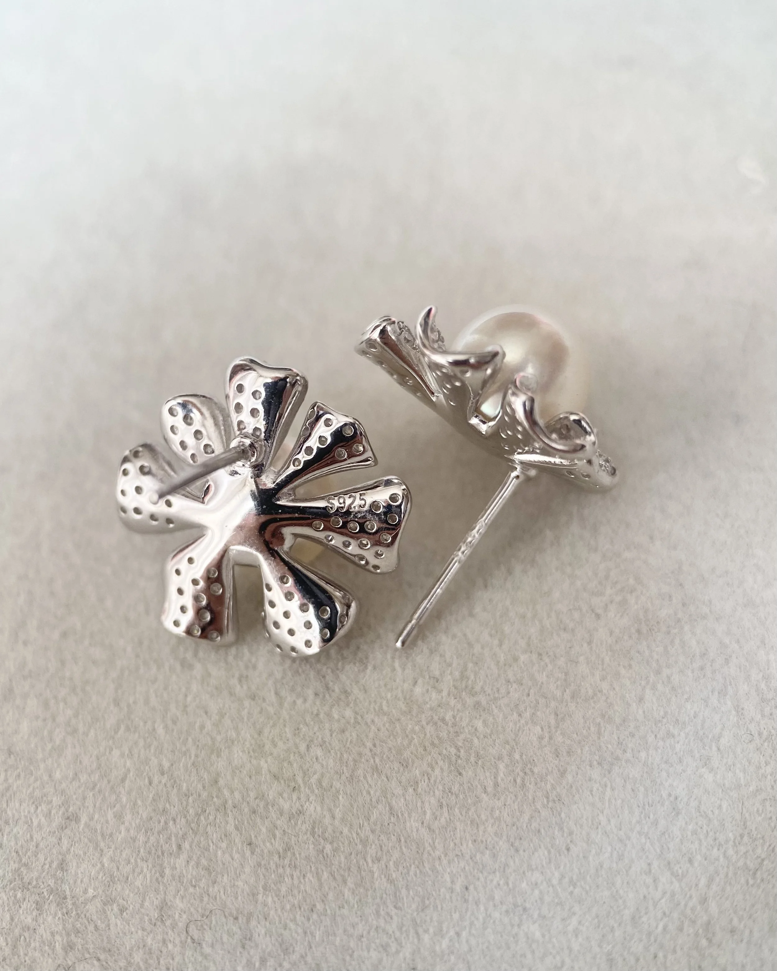 Japanese Crystal White Akoya Pearl Flower Stud Earrings 7-7.5mm, Soft Pink Overtone, Sculptural CZ Petals, S925 Silver, Show Piece Starlit Pearls