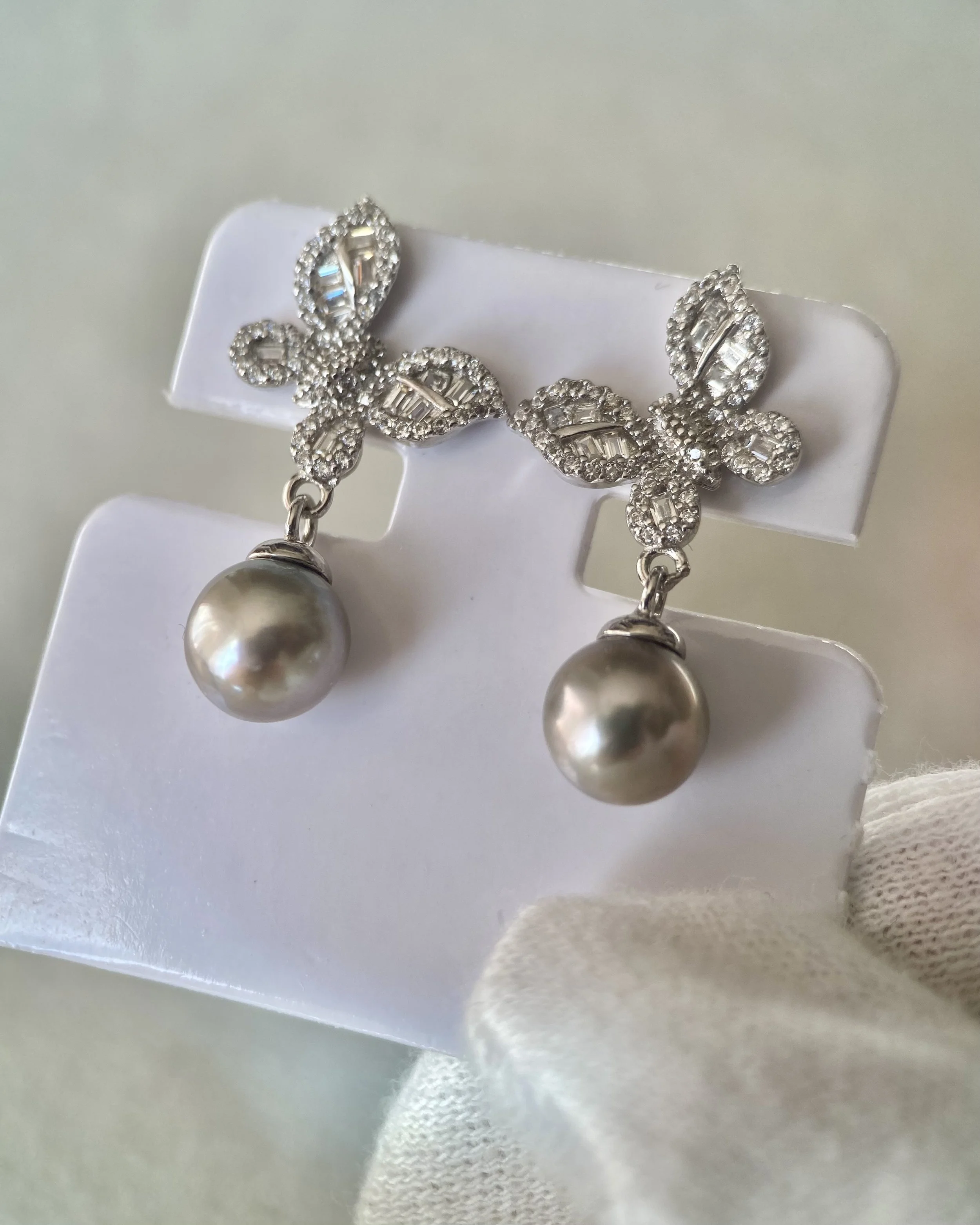 Japanese Metallic Grey Madama Akoya Pearl Drop Earrings 7.3mm, Steel-Like Lustre, S925 Silver Pavé Butterfly, Jewellery Show Piece Starlit Pearls