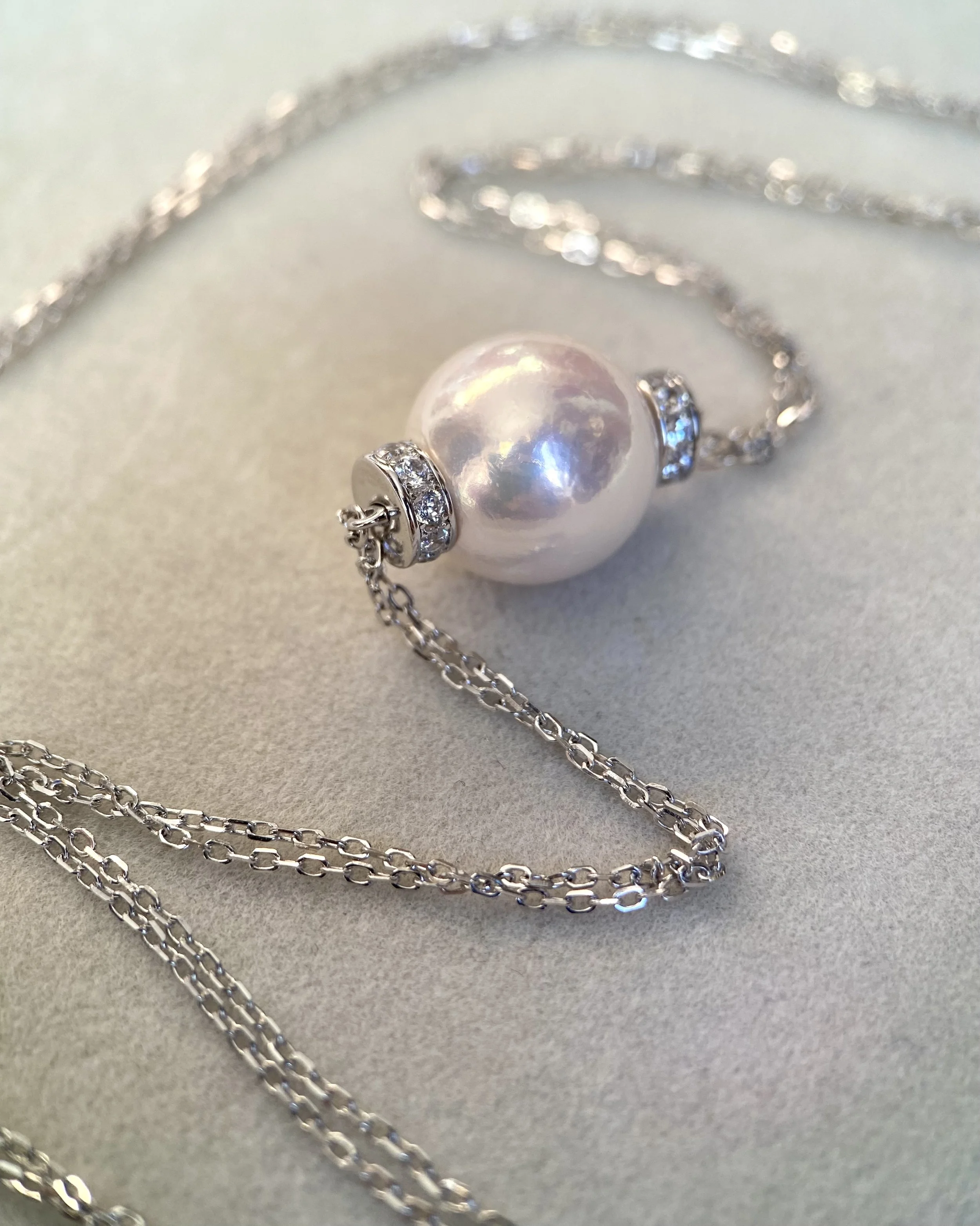 12.5–13mm Radiant White Freshwater Pearl Pendant Necklace, Soft Pink Overtone, Japanese Twin-Chain in S925 Silver, 19" Long, Wedding Starlit Pearls