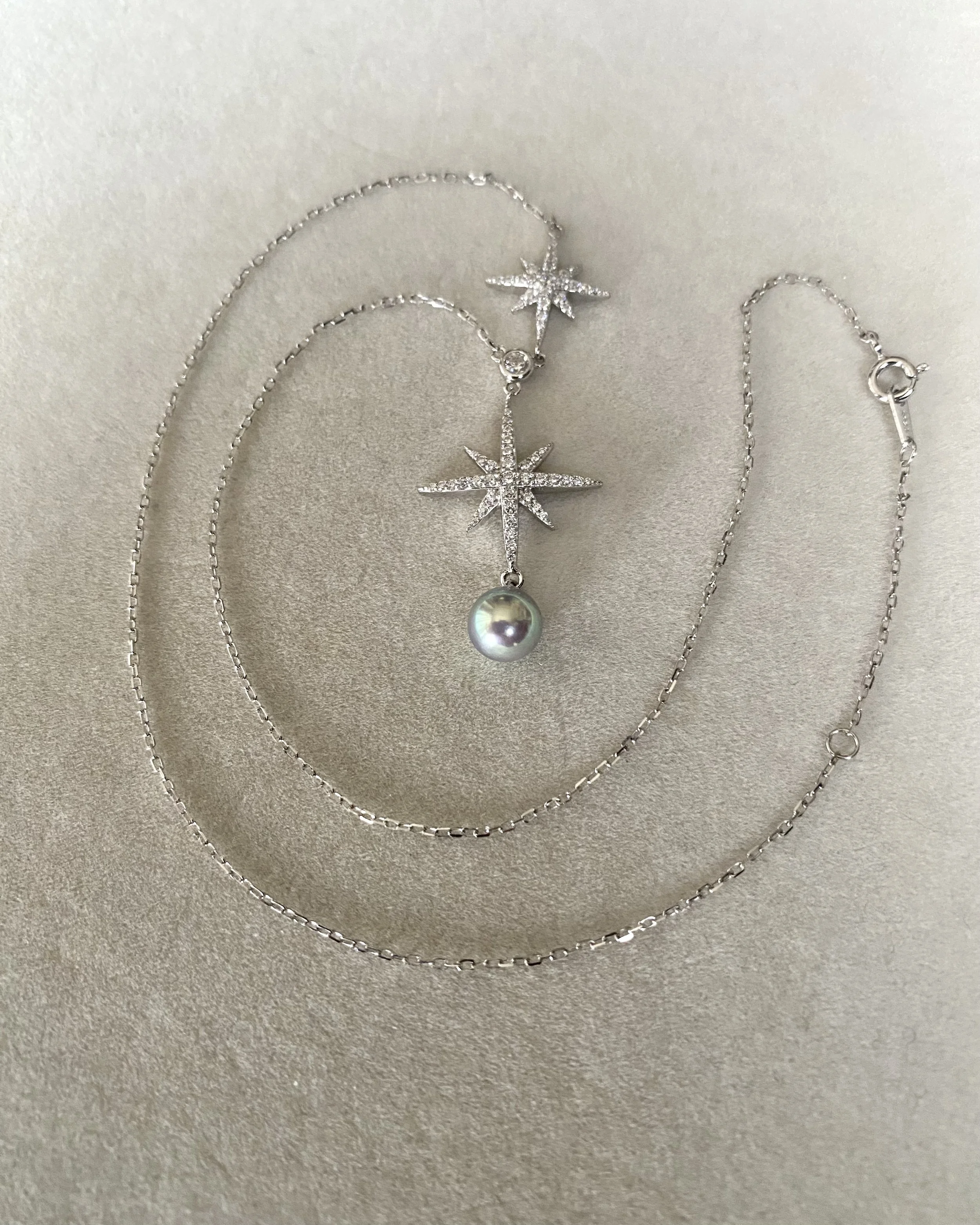 Japanese Silver-Peacock Green Madama Akoya Pearl Pendant Necklace 7mm, 7A Aurora Lustre, Starburst Pavé CZ S925 Chain, Made In Japan Starlit Pearls