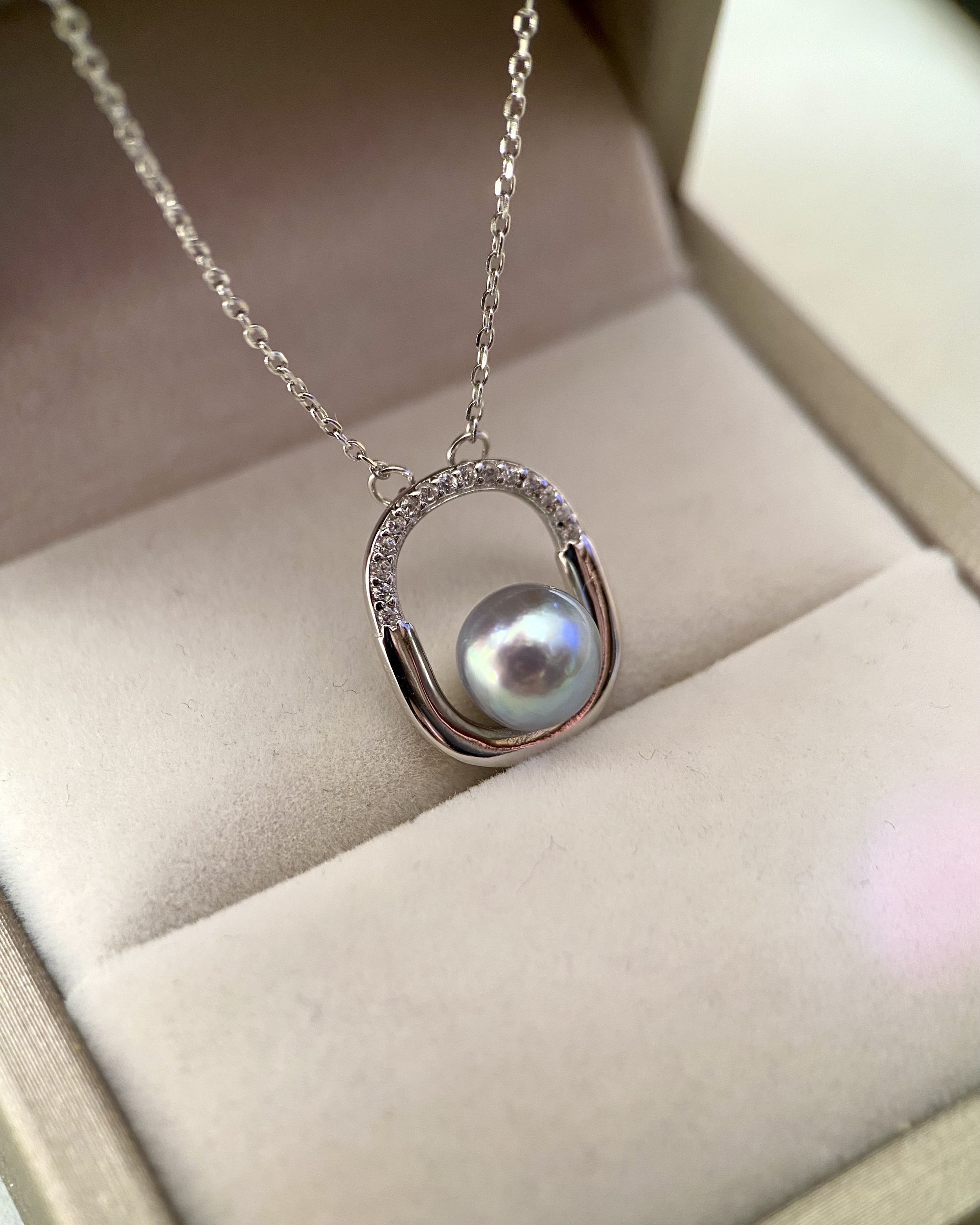 Blue Rose Japanese Madama Akoya Pearl Pendant Necklace, 7.3mm, Modern Circle Design, S925 Silver, Japanese Jewellery Exhibition Piece Starlit Pearls