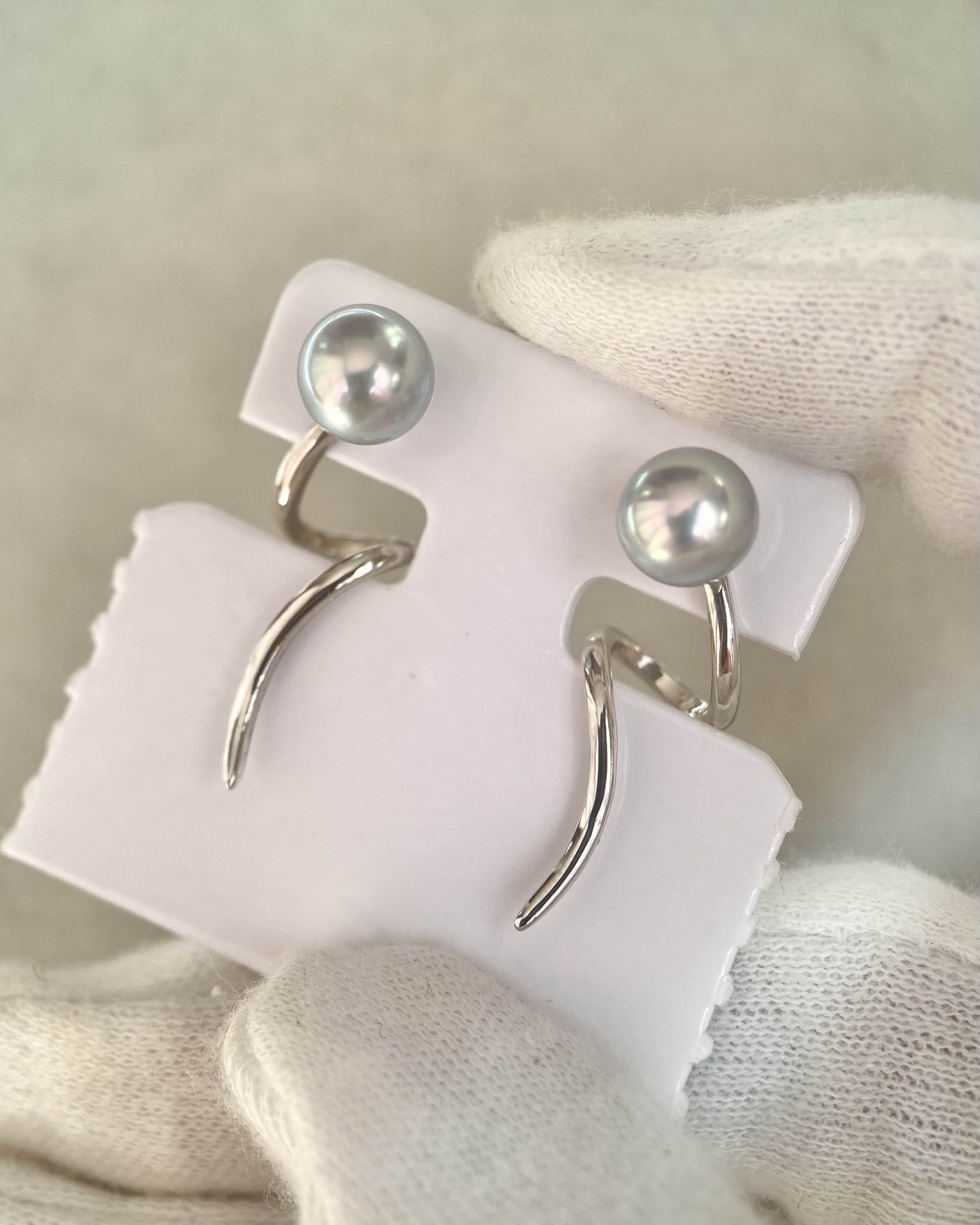 Natural Silver-Grey Blue Japanese Madama Akoya Pearl Earrings 7.1mm, Mirror Lustre, Sculptural Ribbon Wave S925 Design, Show Piece Starlit Pearls