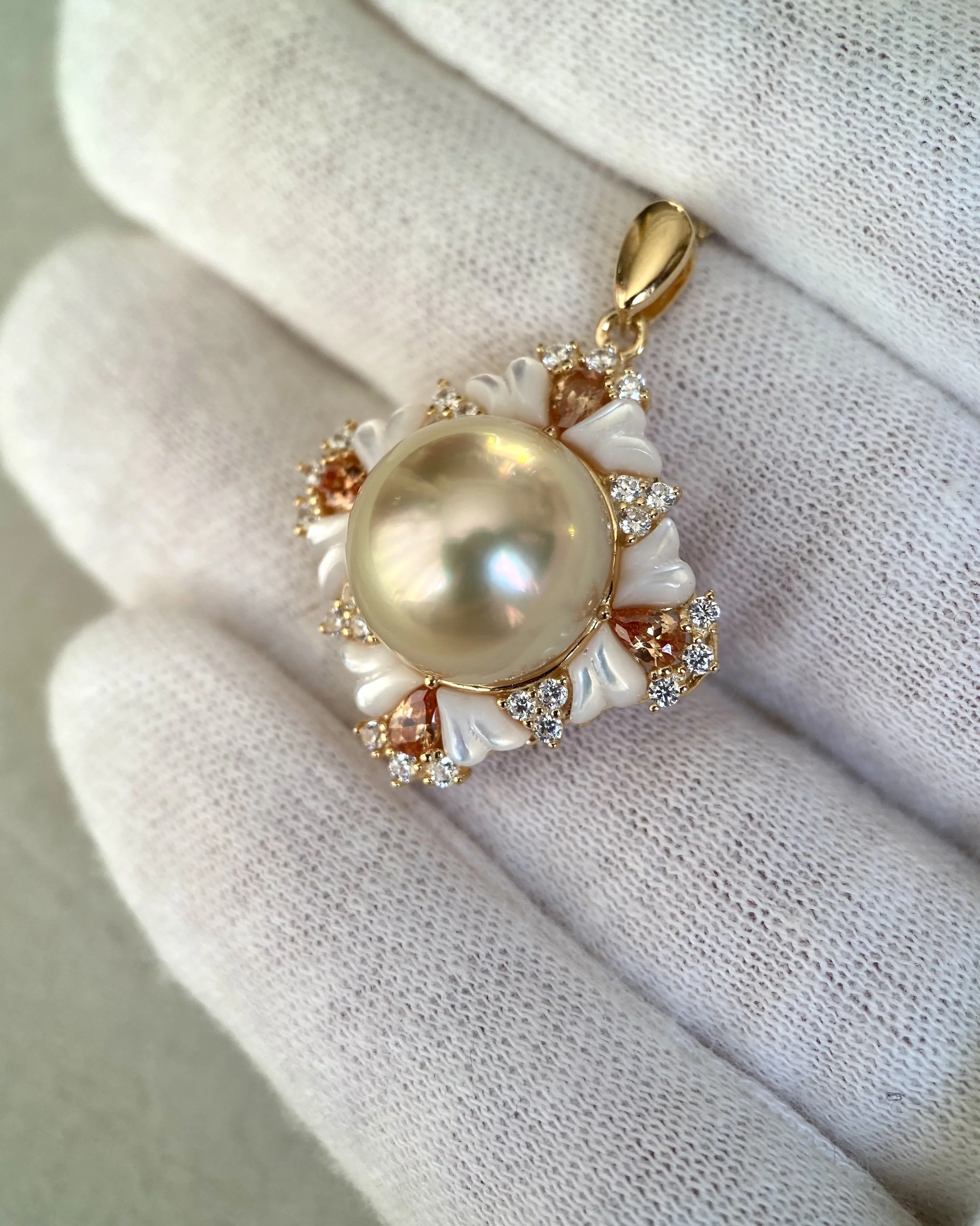 Ultra-Rare 13-13.5mm Lemon Candy Gold Japanese Amami Ōshima Pearl Pendant, 7A Mirror Lustre, Vintage Court-Style Floral S925 Silver MOP & CZ Starlit Pearls