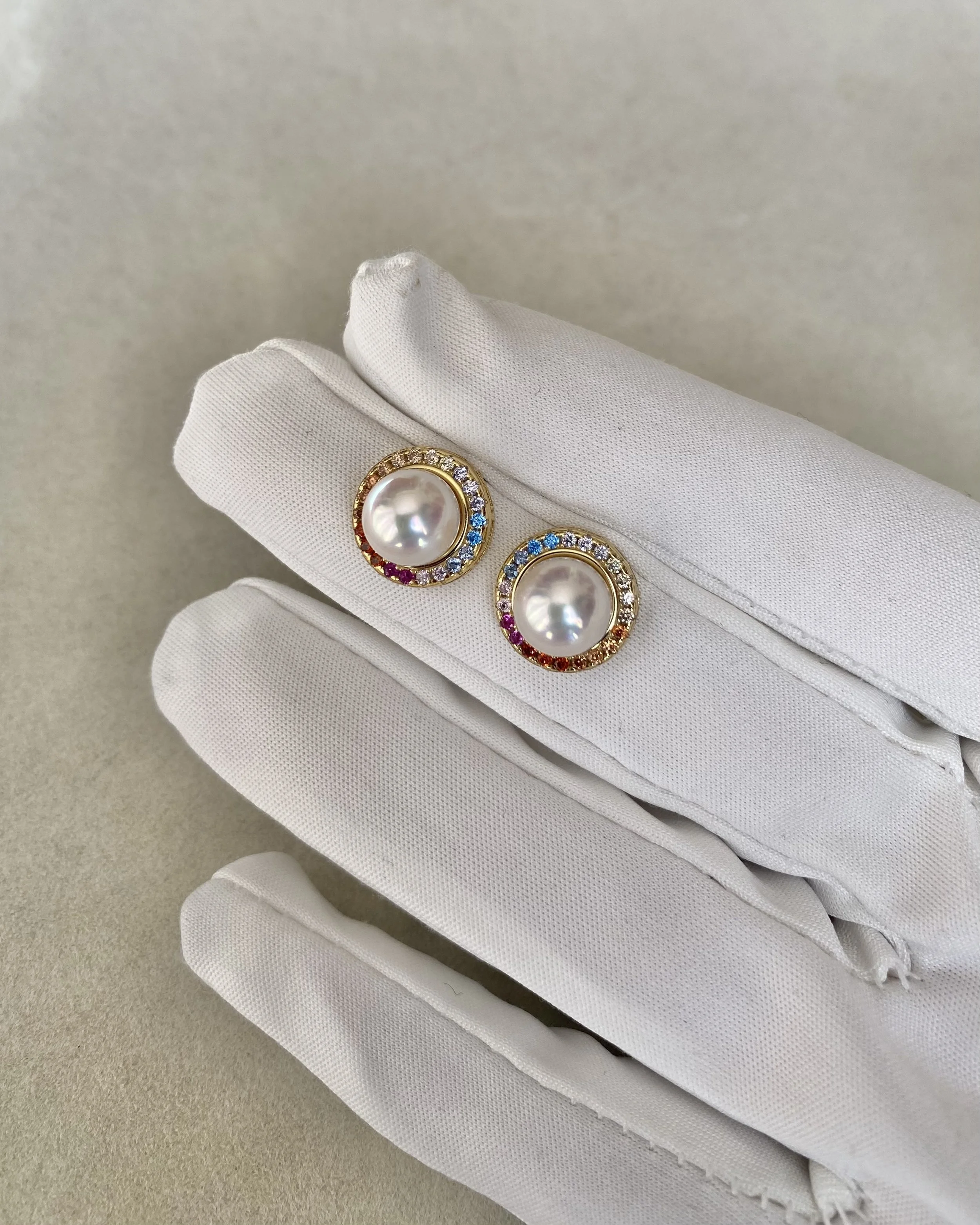 Rare Padparadscha_Japanese Akoya Pearl Earrings, 8mm Tennyo, White-Rose Overtone, S925 Bezel-Set with Rainbow Sapphire Halo, Showpiece Starlit Pearls