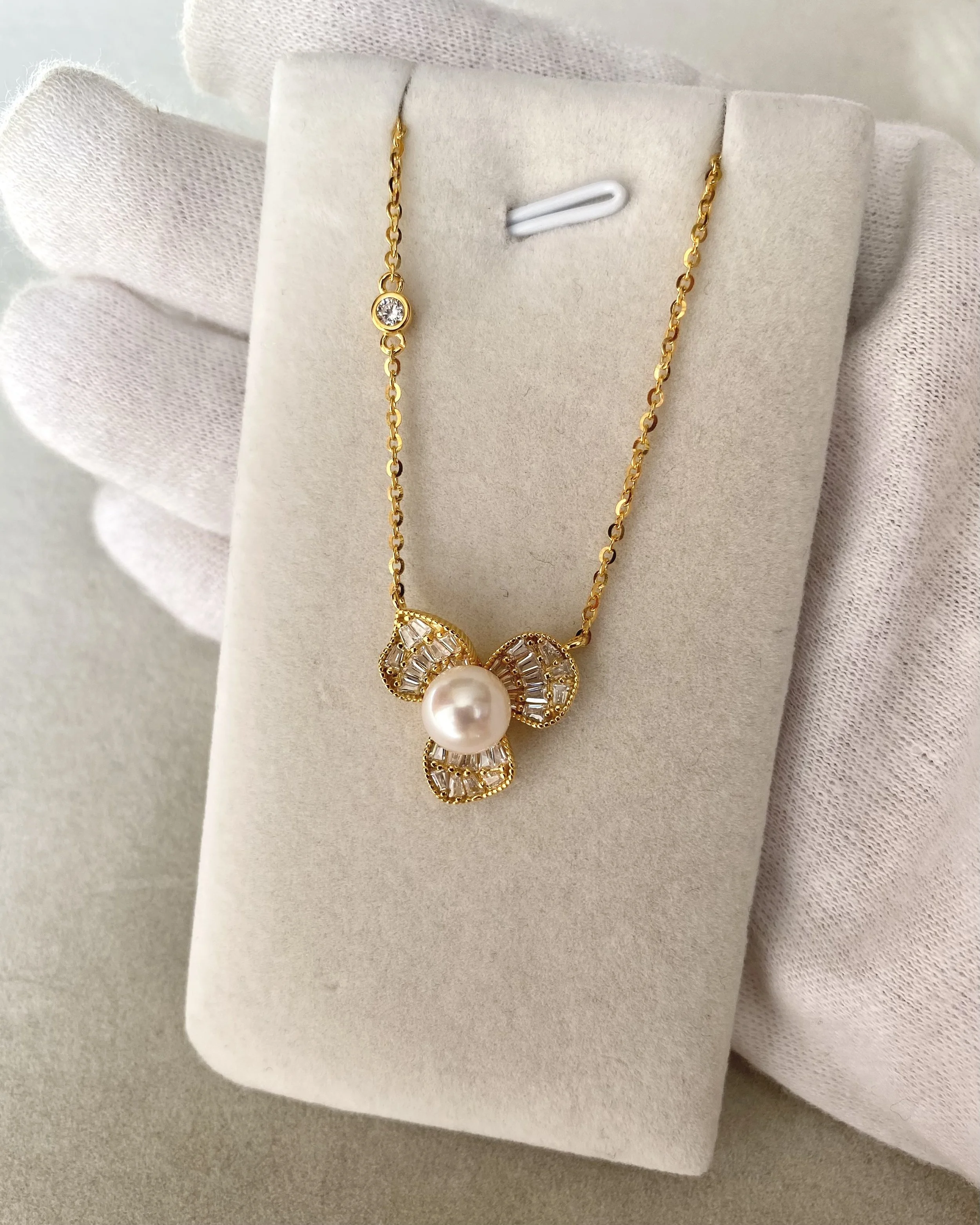 Japanese White Akoya Pearl Necklace 7.6mm, Soft Pink Lustre, S925 Silver Three-Petal Baguette CZ Design, Show Piece, Gift for Her Starlit Pearls