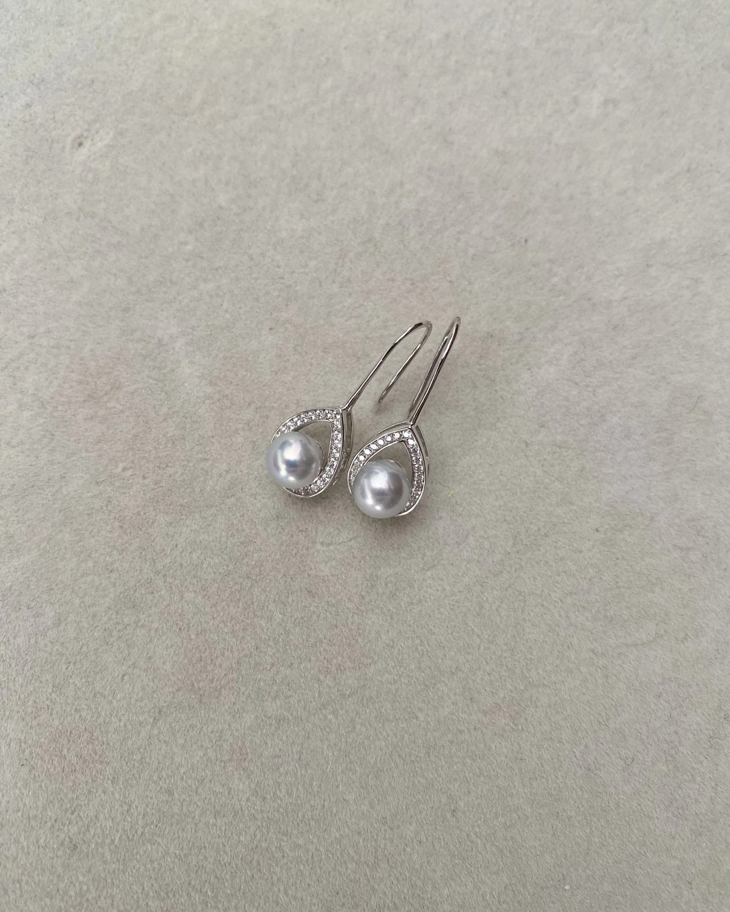 Japanese Airy Silver-Grey Madama Akoya Pearl Hook Earrings 6.7mm, S925 Silver Teardrop Pavé Halo Setting, Jewellery Exhibition Piece Starlit Pearls