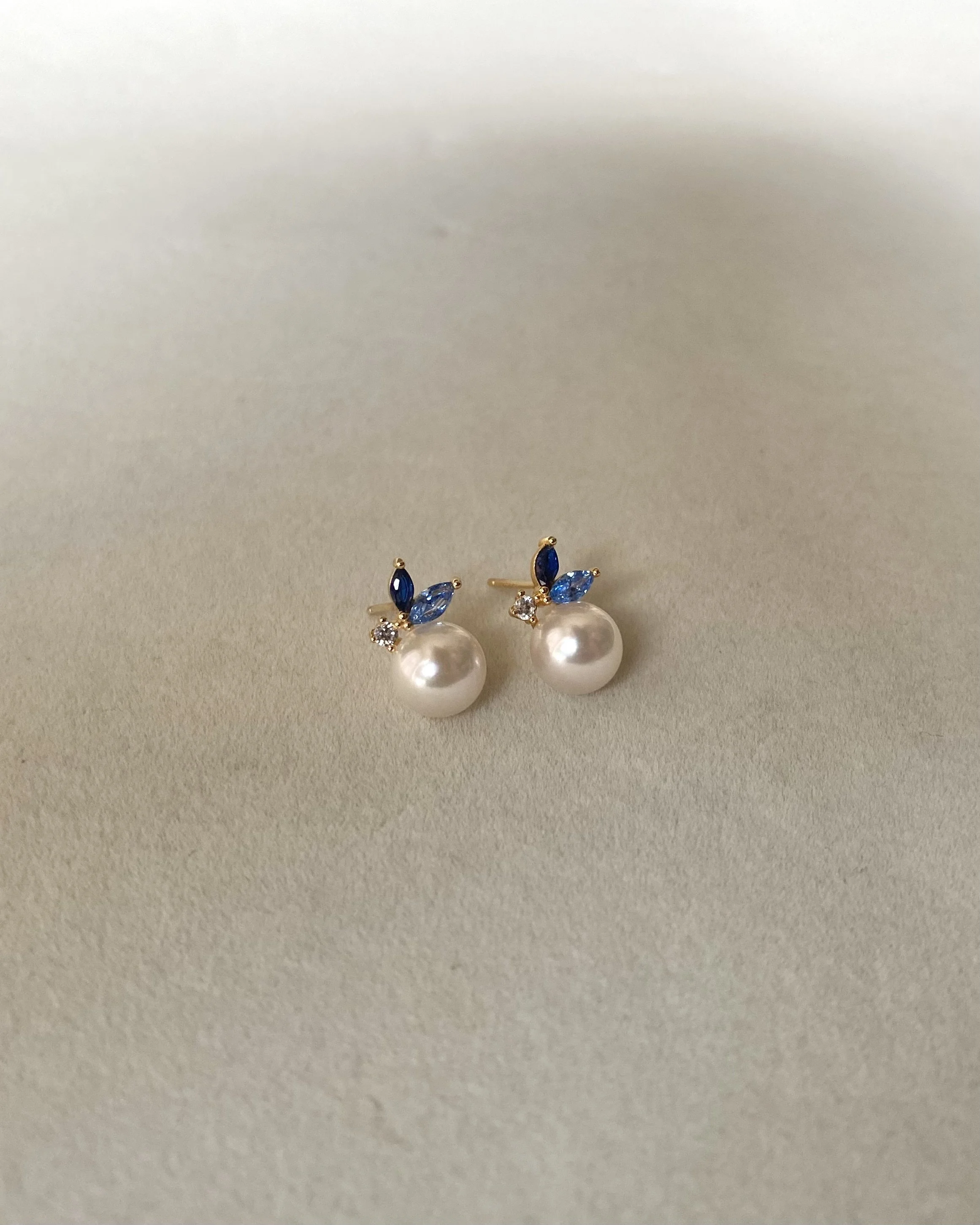 Japanese Exhibition 7.9mm Classic White Akoya Pearl Stud Earrings, Sapphire Blue Botanical Leaf Design, S925 Silver with CZ Accents Starlit Pearls