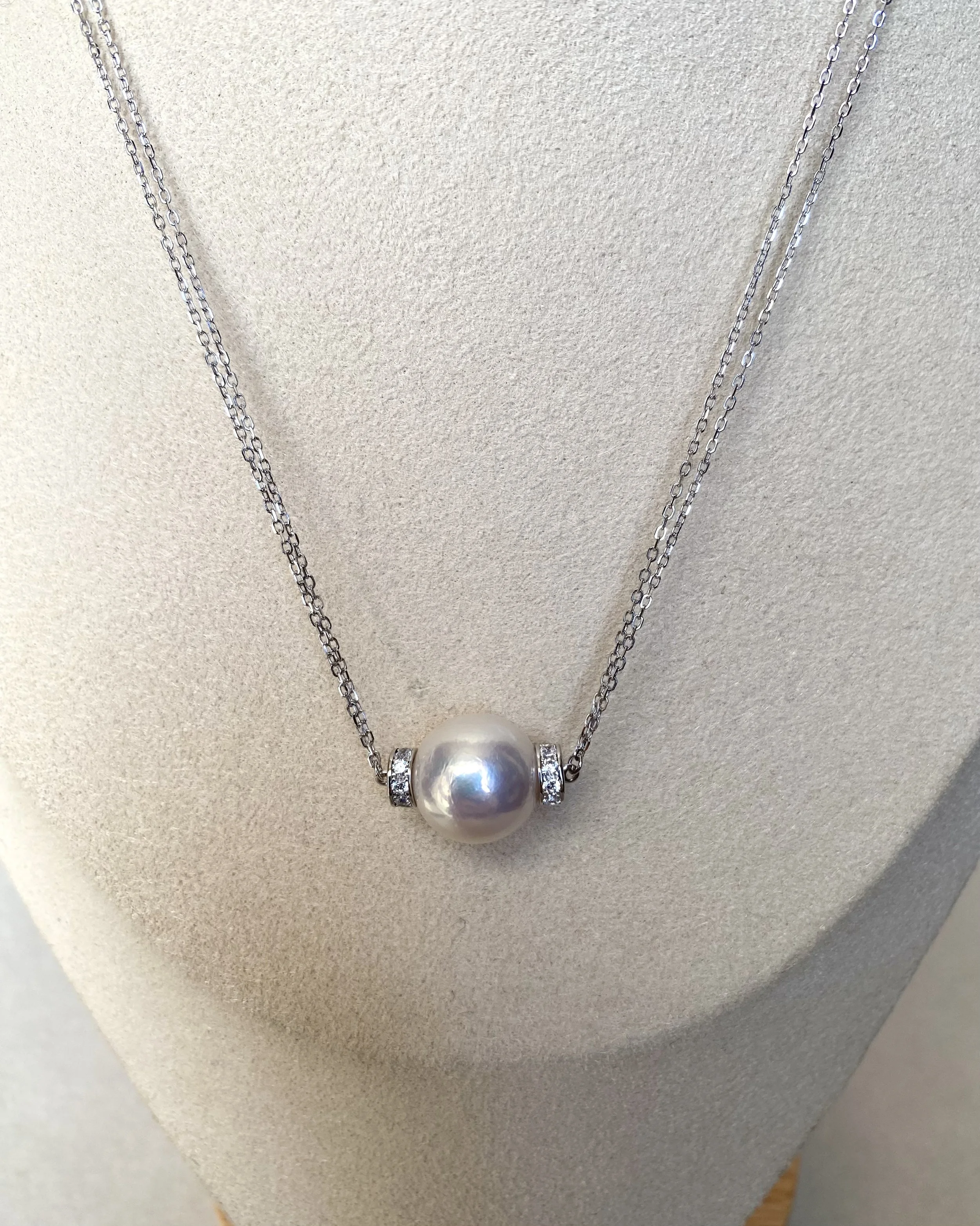 12.5–13mm Radiant White Freshwater Pearl Pendant Necklace, Soft Pink Overtone, Japanese Twin-Chain in S925 Silver, 19" Long, Wedding Starlit Pearls