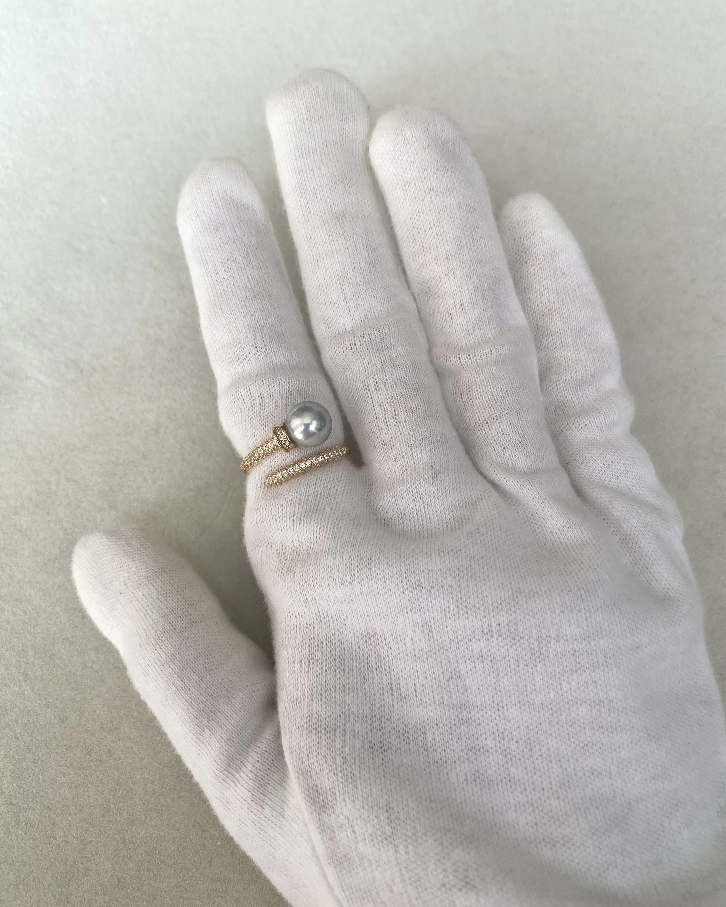 Premium 8.3mm Natural Silver-Grey Blue Japanese Madama Akoya Pearl Nail Ring, Mirror Lustre, S925 & Pavé CZ, Adjustable, Show Piece Starlit Pearls