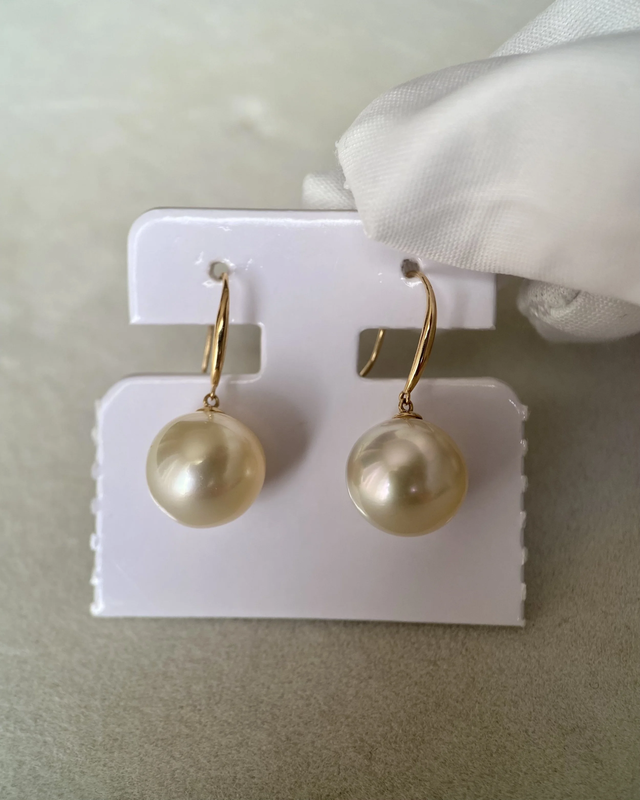 Lemon-Gold South Sea Pearl Hook Earrings 10.5mm, Flawless 6A Quality, Thick Solid 18K Gold Fittings Starlit Pearls