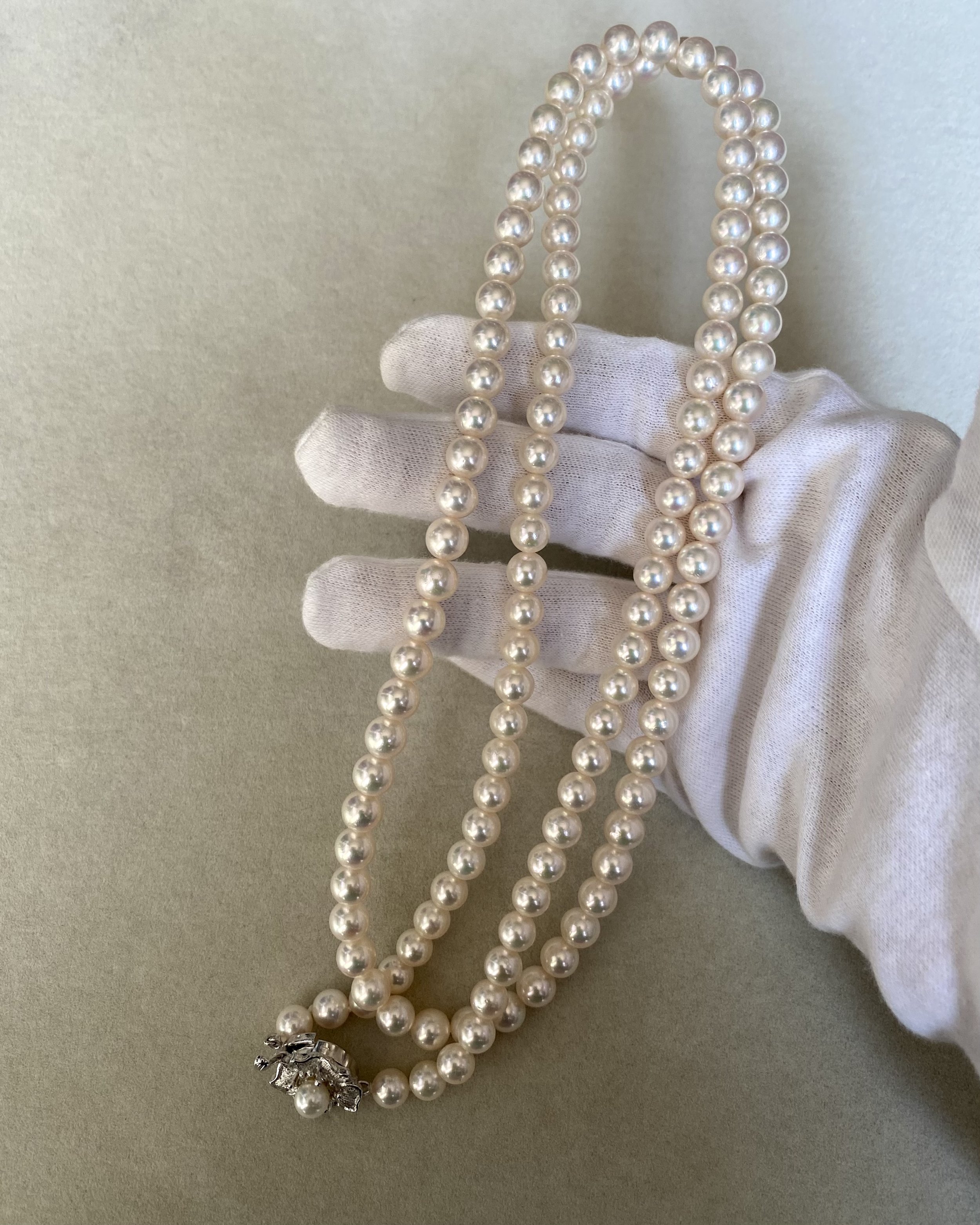 33" Extra-Long White Japanese Akoya Pearl Opera Necklace 6.5–7mm, Rose Overtone, 3D Floral Silver Clasp, Japan Jewellery Showpiece Starlit Pearls