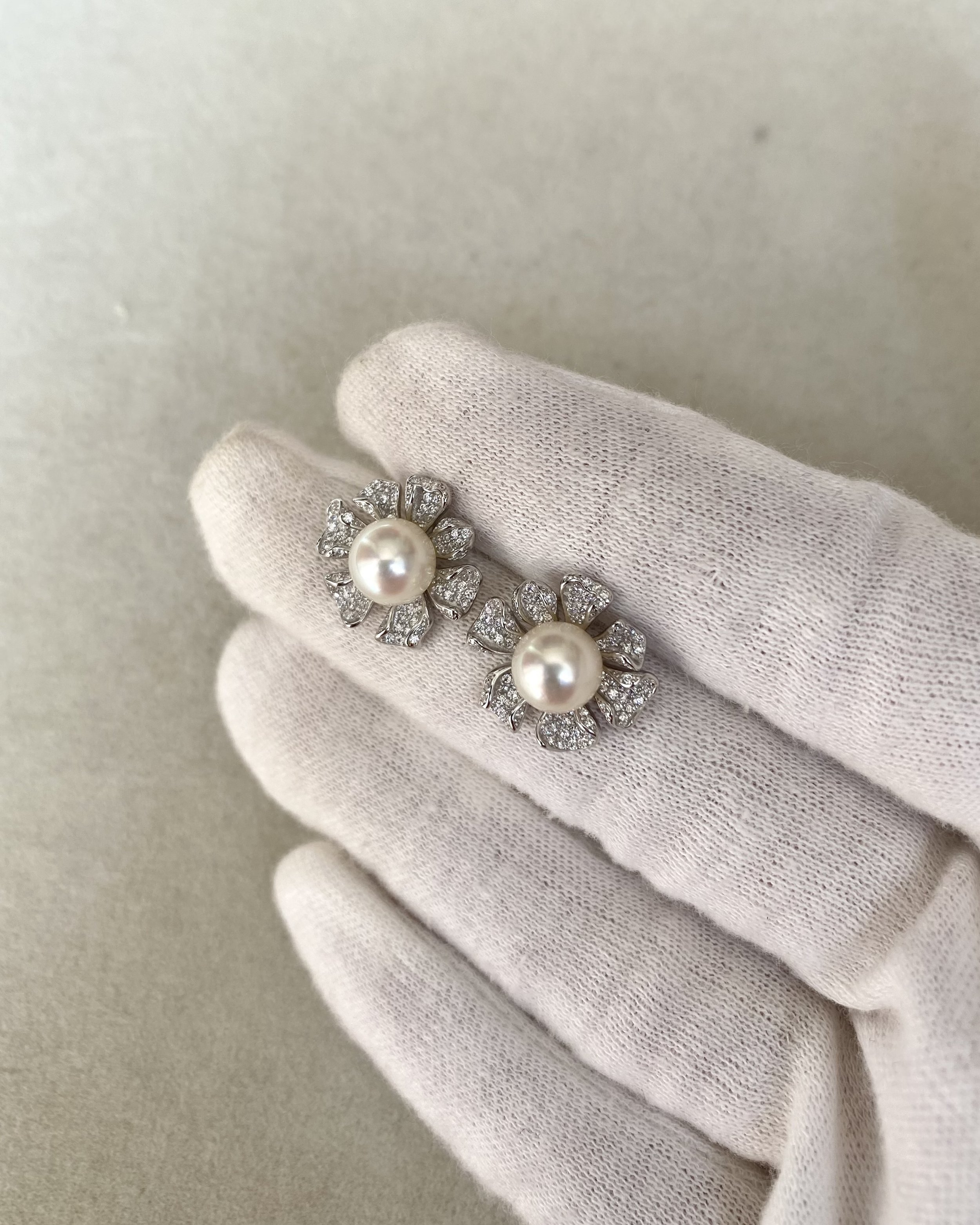 Japanese Crystal White Akoya Pearl Flower Stud Earrings 7-7.5mm, Soft Pink Overtone, Sculptural CZ Petals, S925 Silver, Show Piece Starlit Pearls