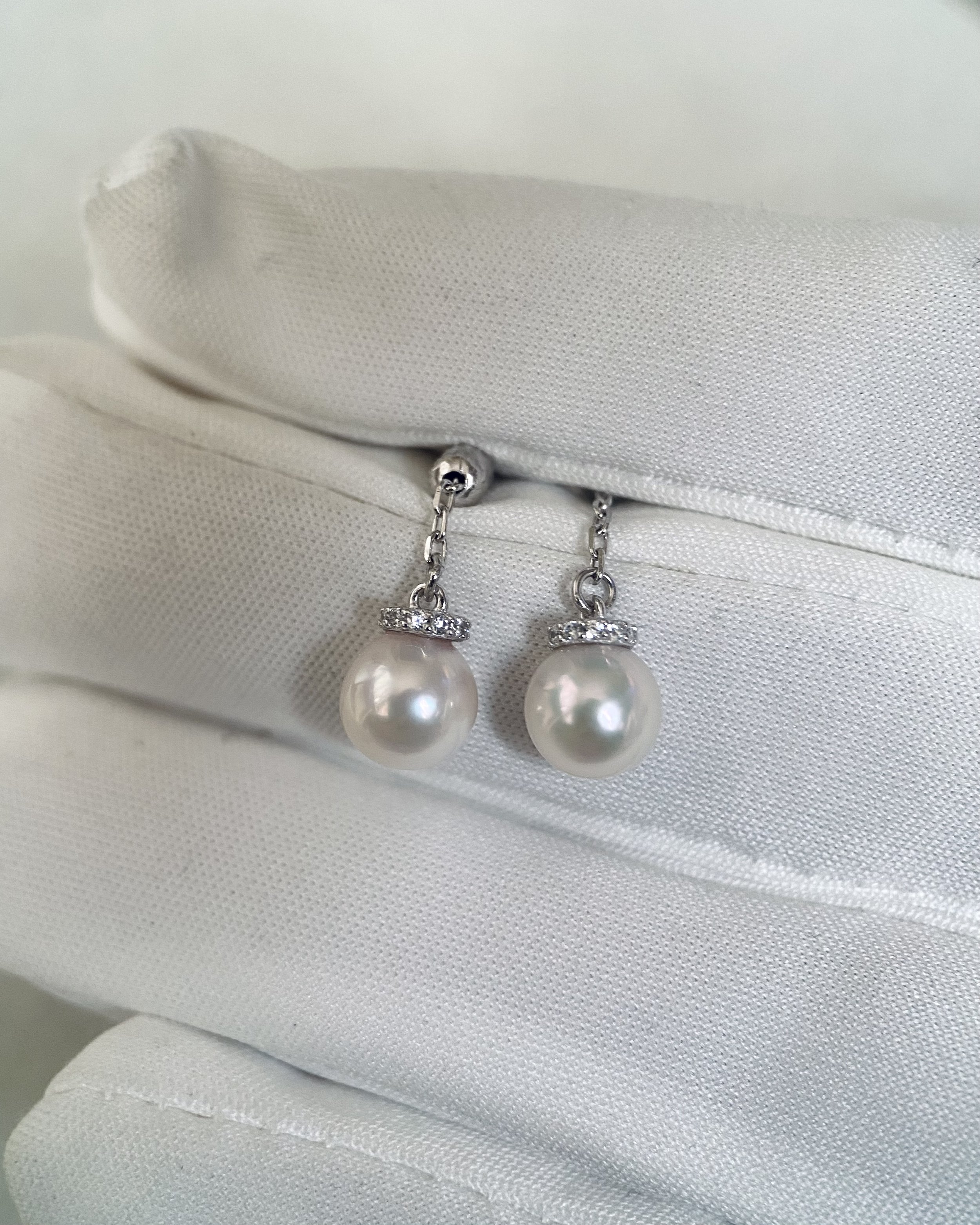 Original Japanese-Finished 6.5–7mm Classic White Akoya Pearl Y Necklace – S925 Silver Sparkling Textured Bead Chain, Double-Drop Design Starlit Pearls