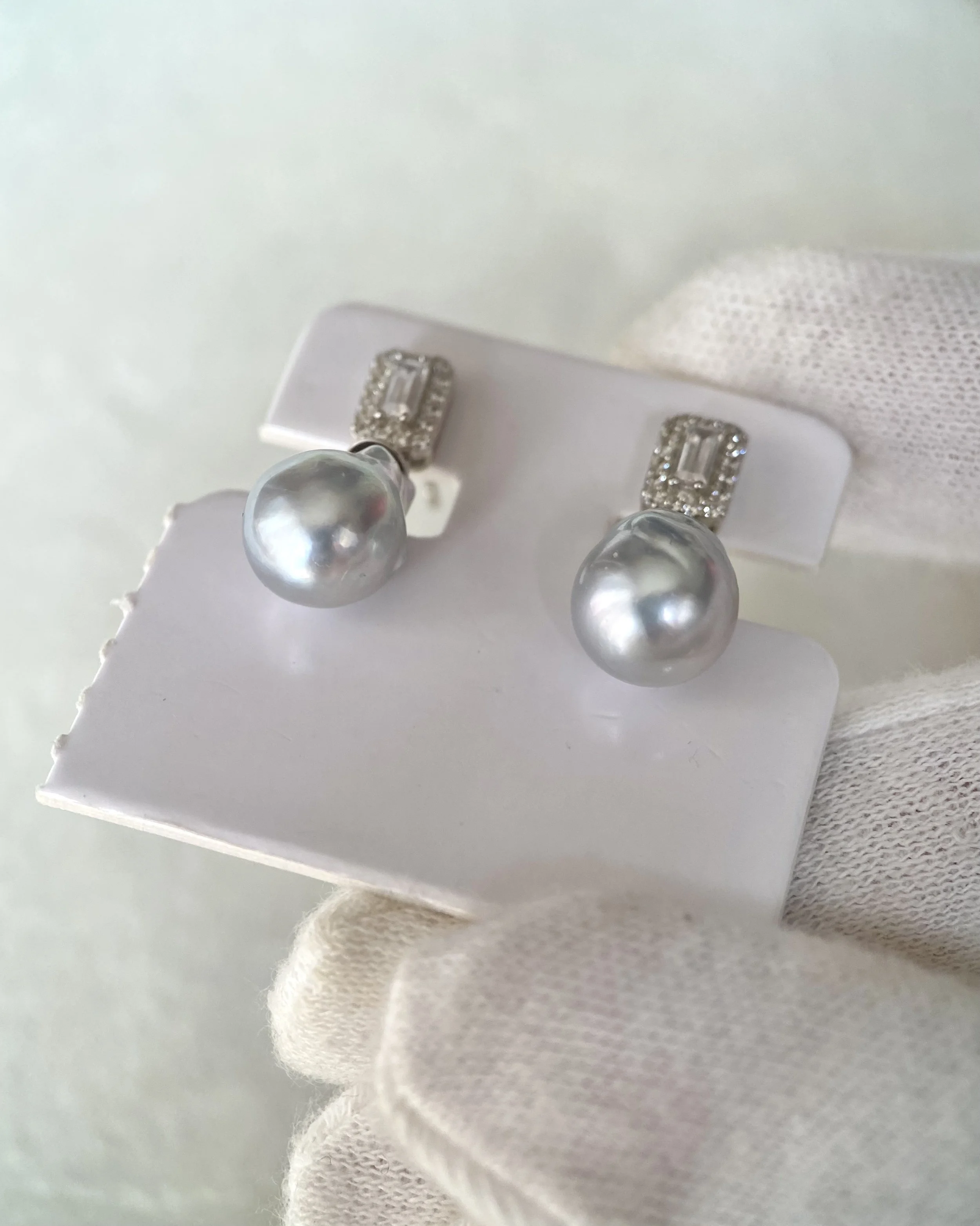Rare Silver Australian South Sea Baroque Pearl Drop Earrings 11mm, Cool Icy Silver Lustre, S925 Silver Baguette CZ Design, Show Piece Starlit Pearls