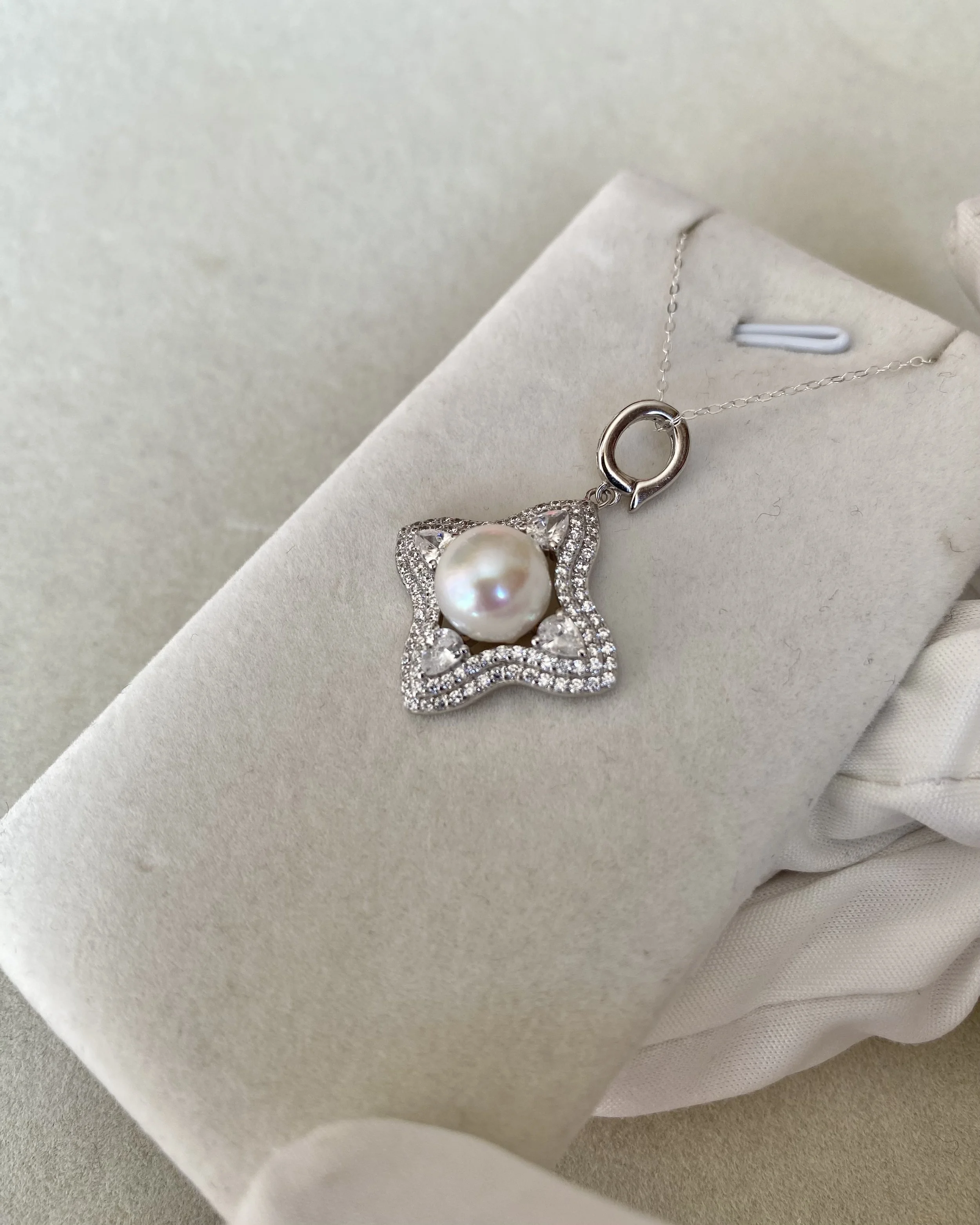 9.1mm Giant Japanese White Akoya Pearl Pendant, Silky Radiant Lustre, Sparkling Four-Point Star CZ Design, S925 Silver Clip-On Bail Starlit Pearls