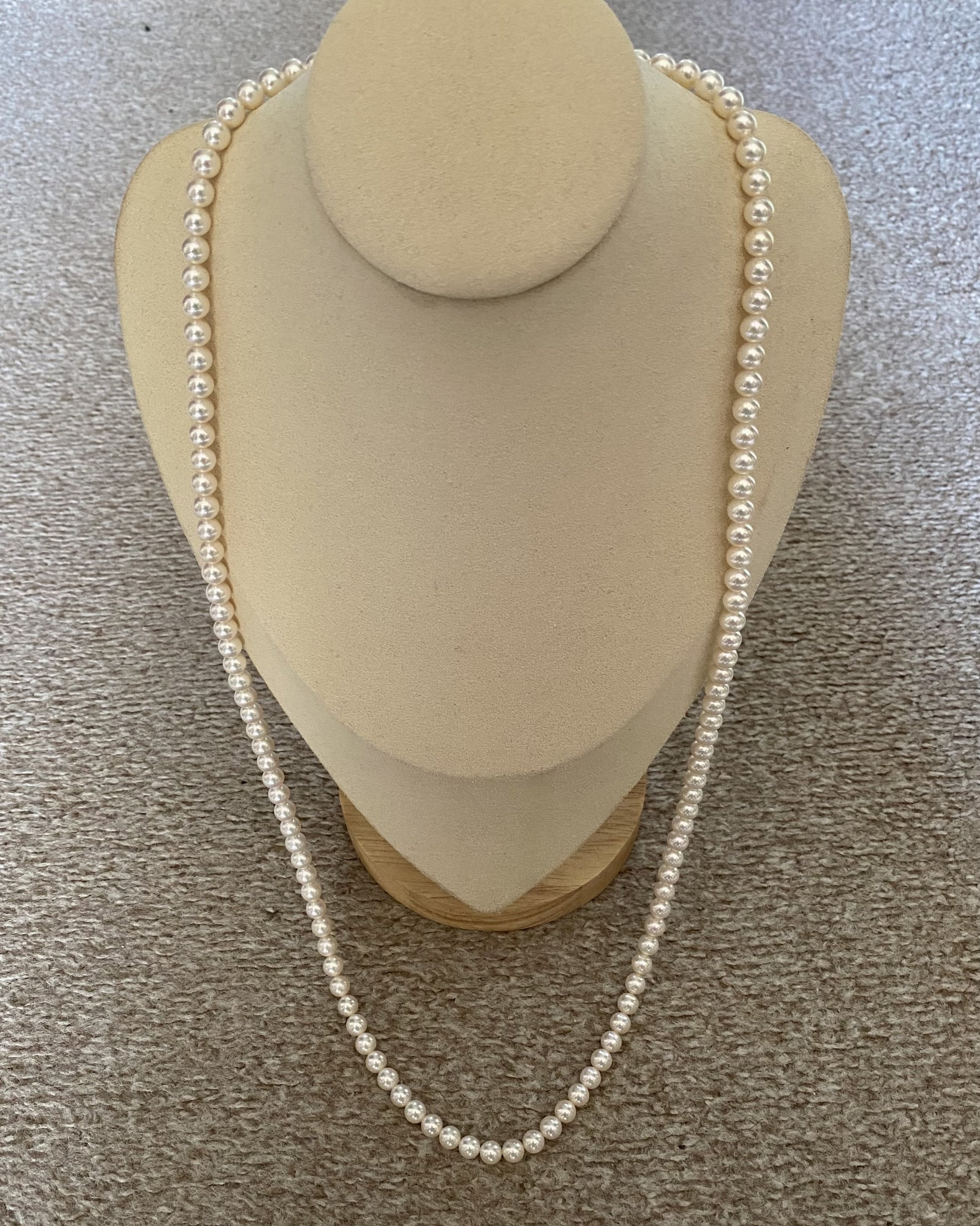 33" Extra-Long White Japanese Akoya Pearl Opera Necklace 6.5–7mm, Rose Overtone, 3D Floral Silver Clasp, Japan Jewellery Showpiece Starlit Pearls
