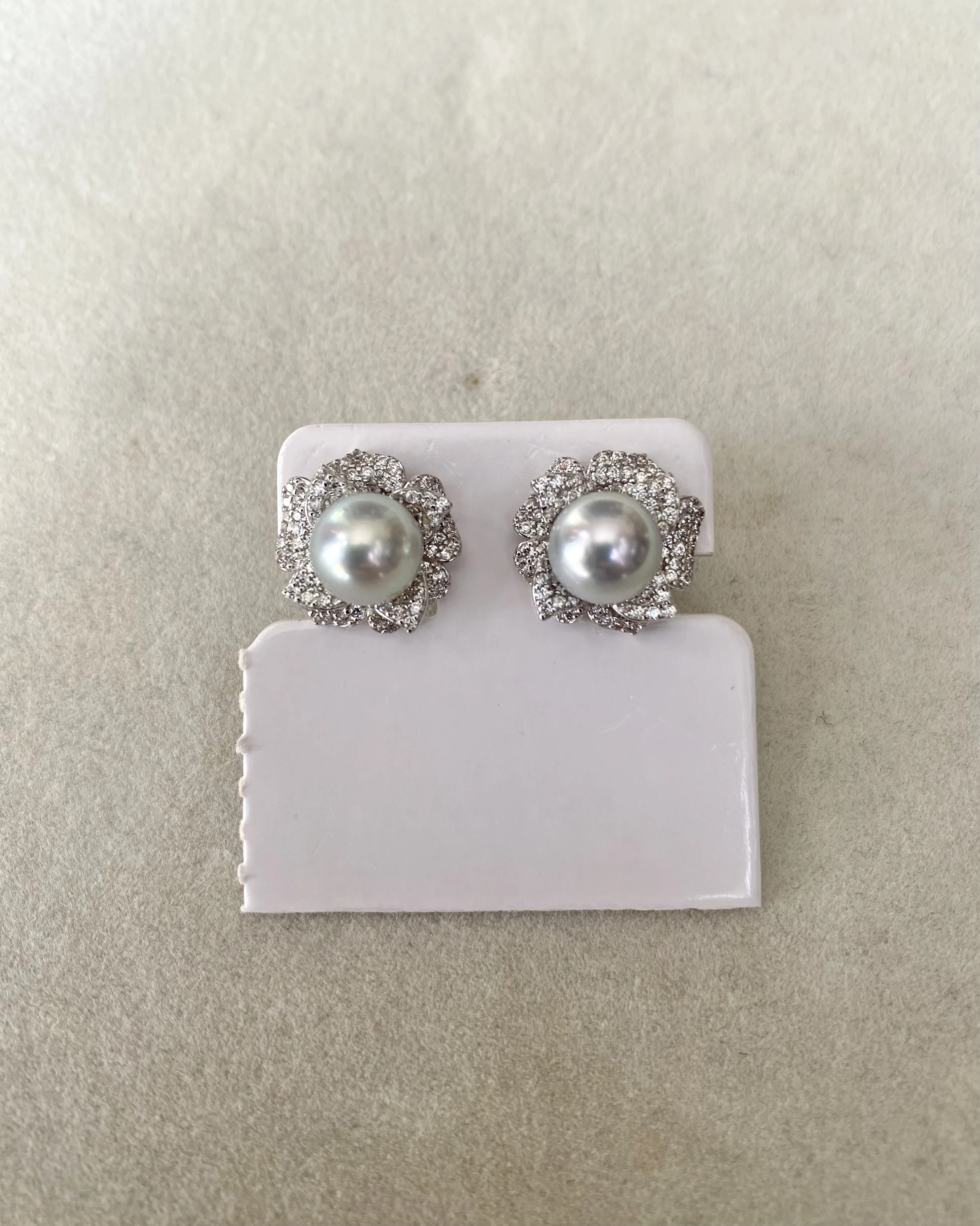 8mm Japanese Natural Silver-Grey Madama Akoya Pearl Camellia Stud Earrings, Mirror Lustre, S925 Layered Pavé CZ Petals, Show Piece