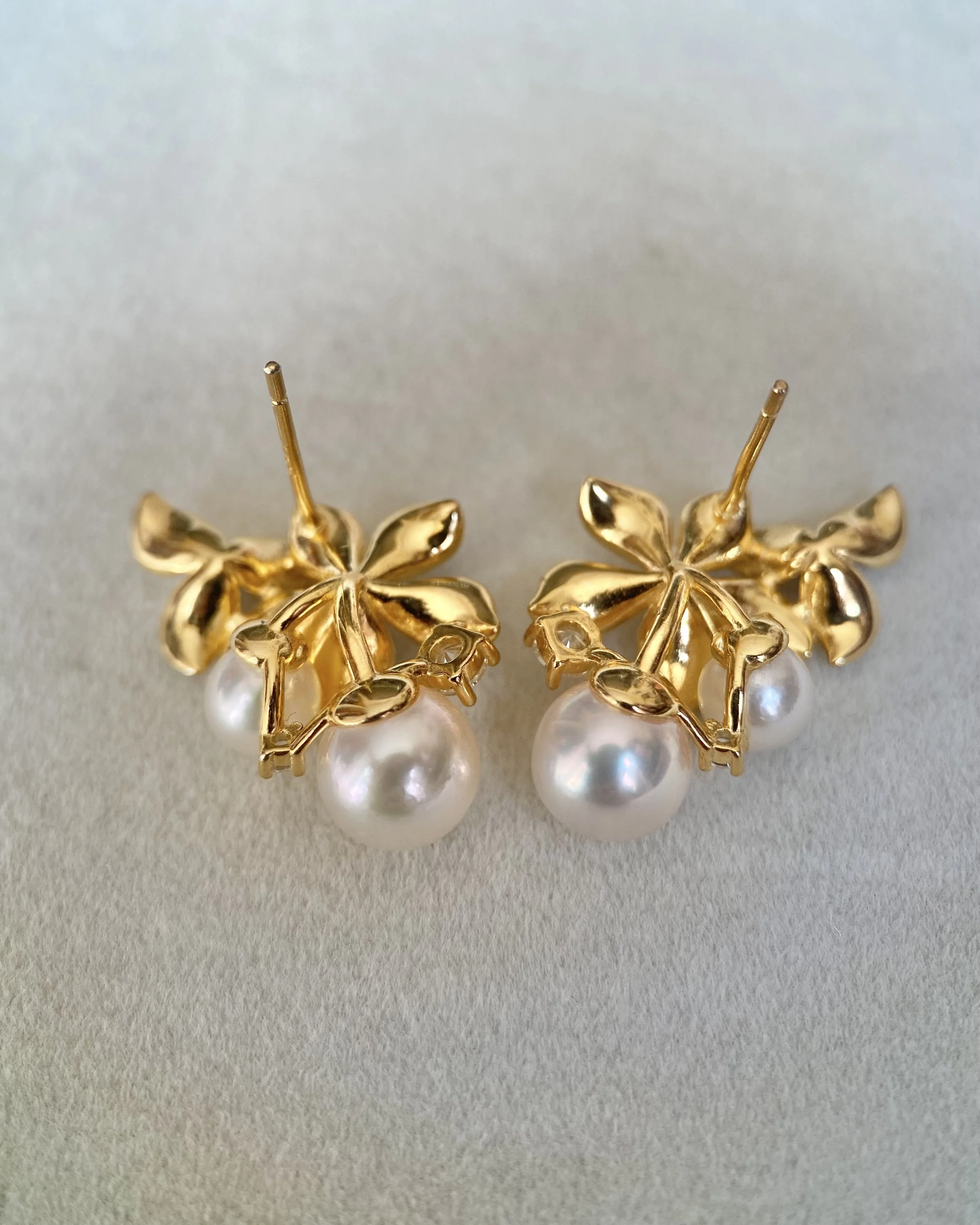 6A Japanese White Akoya Pearl Sculptural Floral Earrings, Aurora Sairindama, Satin Petal Design, S925 Silver & CZ, Exhibition Piece Starlit Pearls