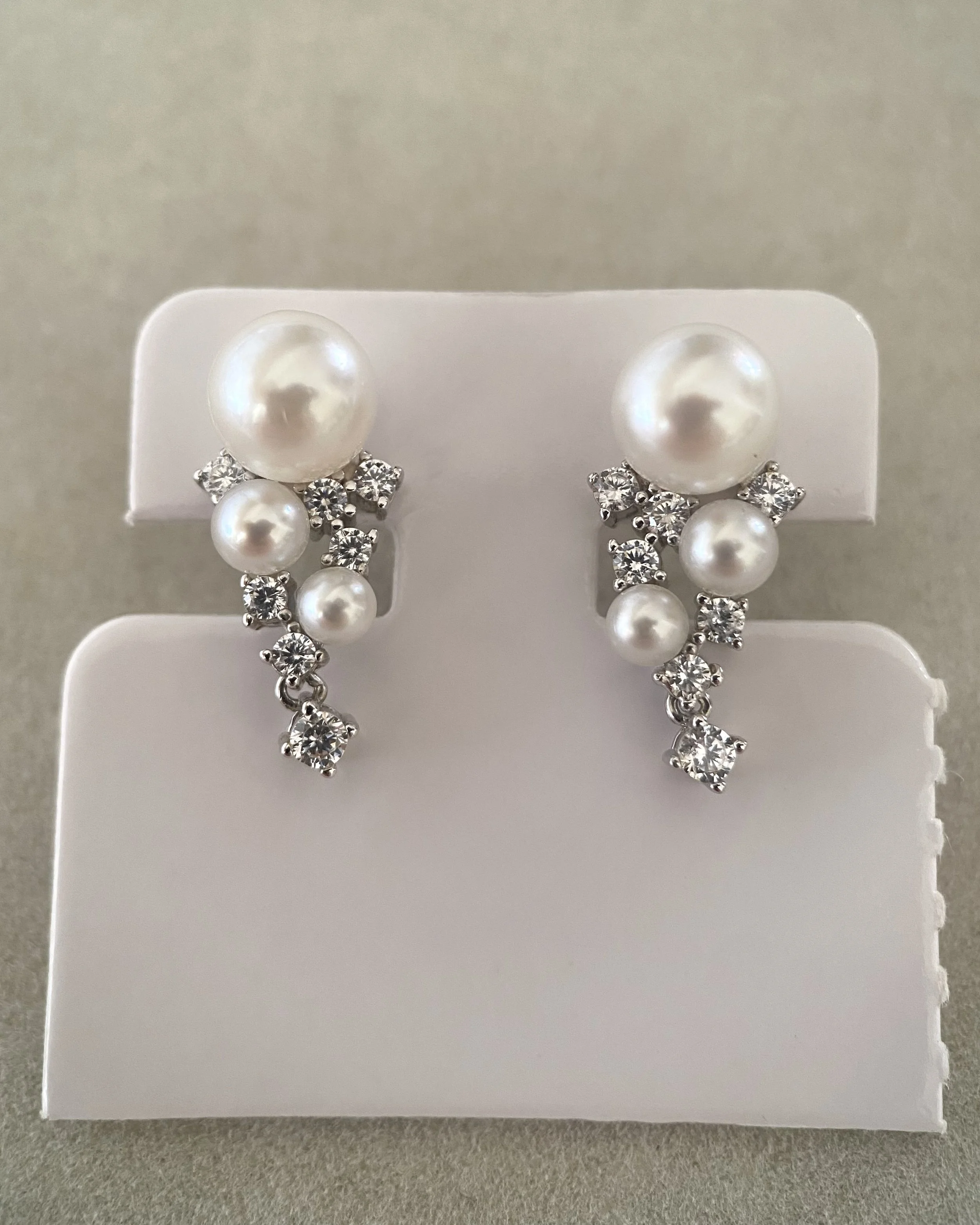 6A Japanese White Akoya Pearl Drop Earrings, Aurora 8.9mm Akoya & 5.5mm Sairindama, S925 Silver CZ Cascade Design, Exhibition Piece Starlit Pearls
