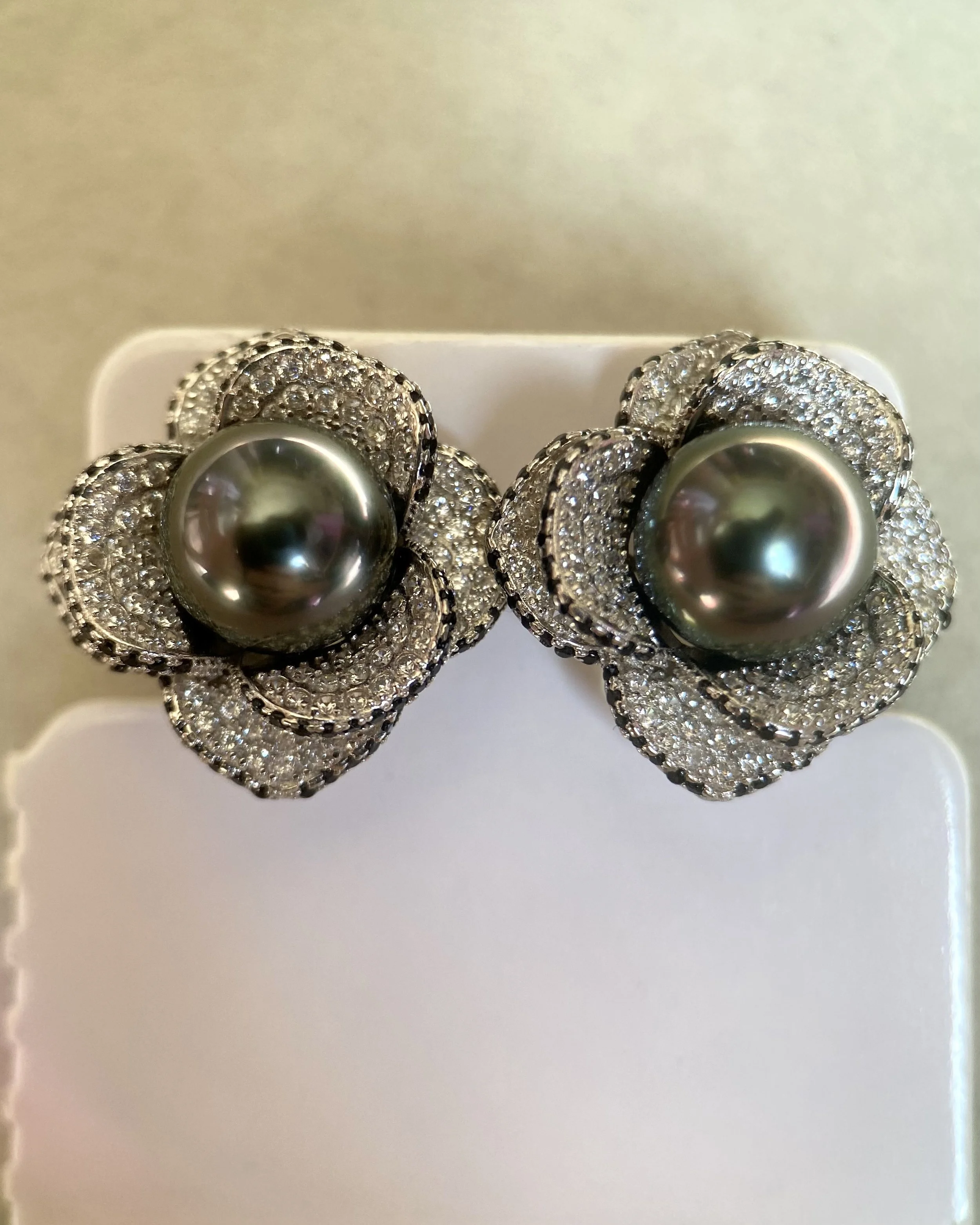 9mm Tahitian Black South Sea Pearl Earrings, Piaget Rose-Inspired Petalburst Design in S925 Silver & CZ, Violet Overtone, Oilshine Lustre Starlit Pearls