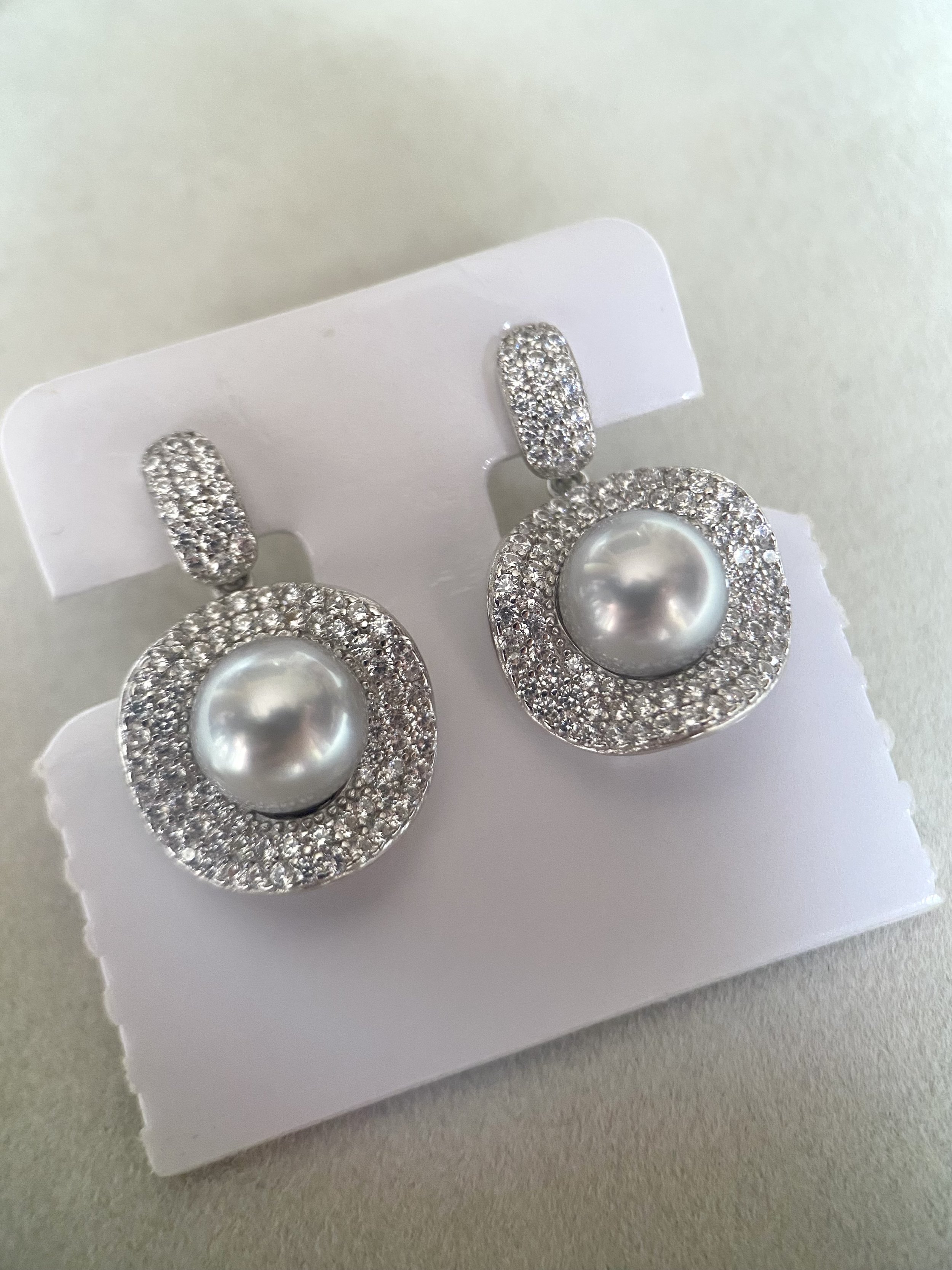 Luxury Pavé Natural Silver Grey Japanese Madama Akoya Pearl Drop Earrings 8.1mm, Japanese S925 Silver Double Halo, Exhibition Piece Starlit Pearls